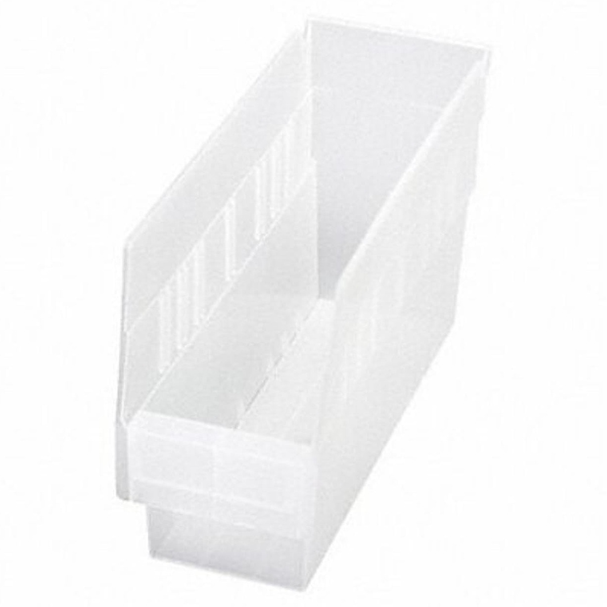 Economy Shelf Bin, nesting, 11-5/8W x 4-1/8D x 6H, (7) divider slots, rear hanglock, molded-in label holder, clear polyropylene, Made in USA