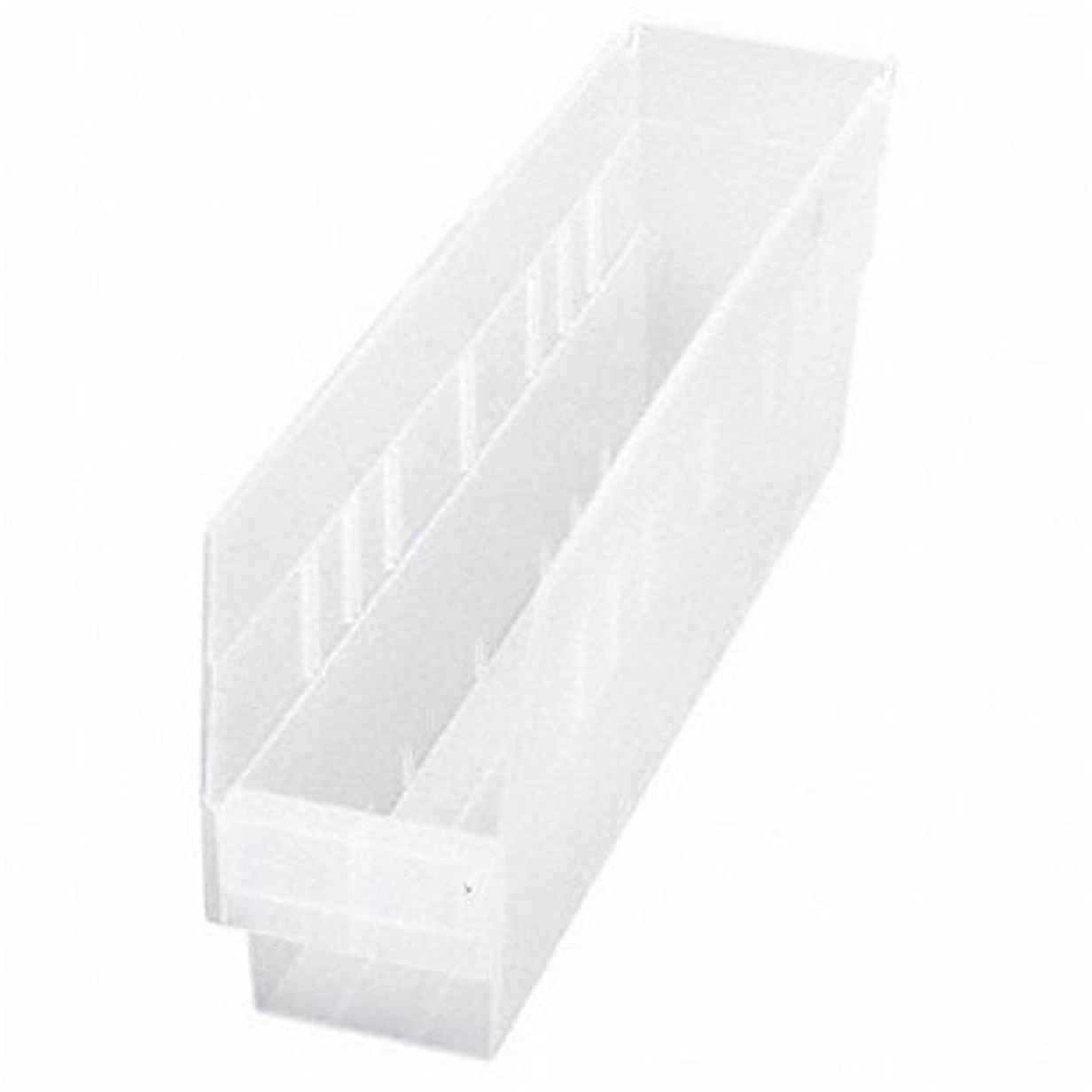 Economy Shelf Bin, nesting, 17-7/8W x 4-1/8D x 6H, (7) divider slots, rear hanglock, molded-in label holder, clear polyropylene, Made in USA