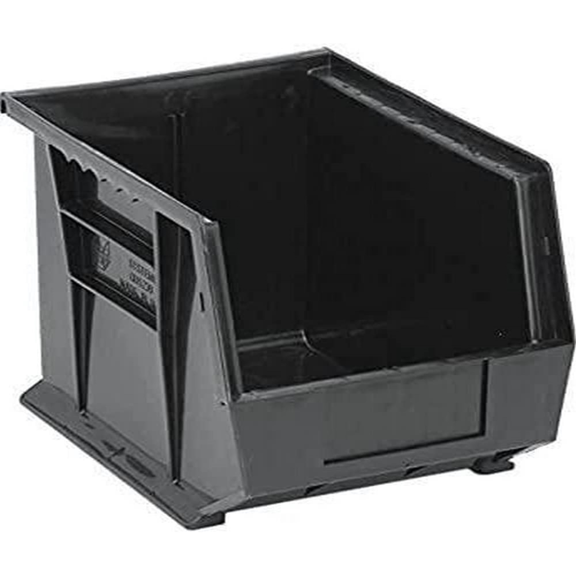Bin, stacking or hanging, 8-1/4W x 10-3/4D x 7H, front/back/side grips, anti-slide lock, (1) divider slot, rear hanger, molded-in label holder, polypropylene, black, Made in USA