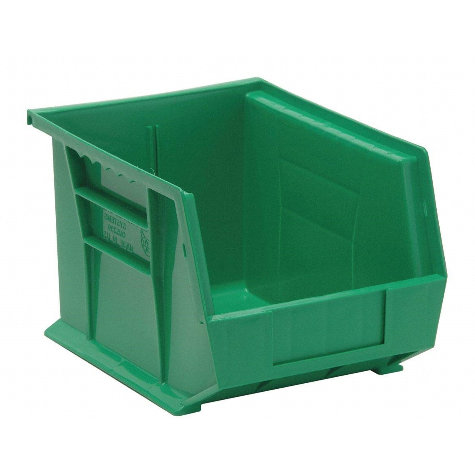 Bin, stacking or hanging, 8-1/4W x 10-3/4D x 7H, front/back/side grips, anti-slide lock, (1) divider slot, rear hanger, molded-in label holder, polypropylene, green, Made in USA
