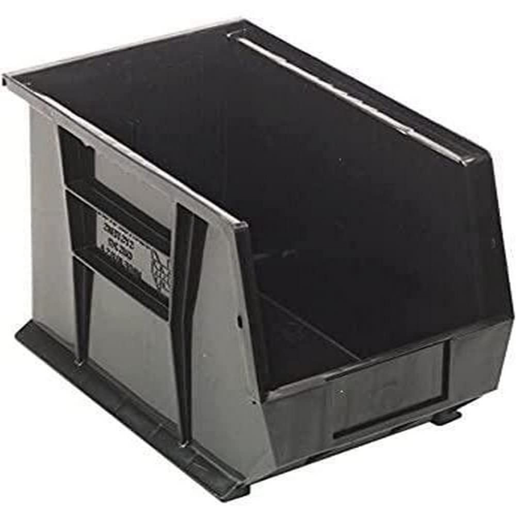 Bin, stacking or hanging, 8-1/4W x 13-5/8D x 8H, front/back/side grips, anti-slide lock, (1) divider slot, rear hanger, molded-in label holder, polypropylene, black, Made in USA