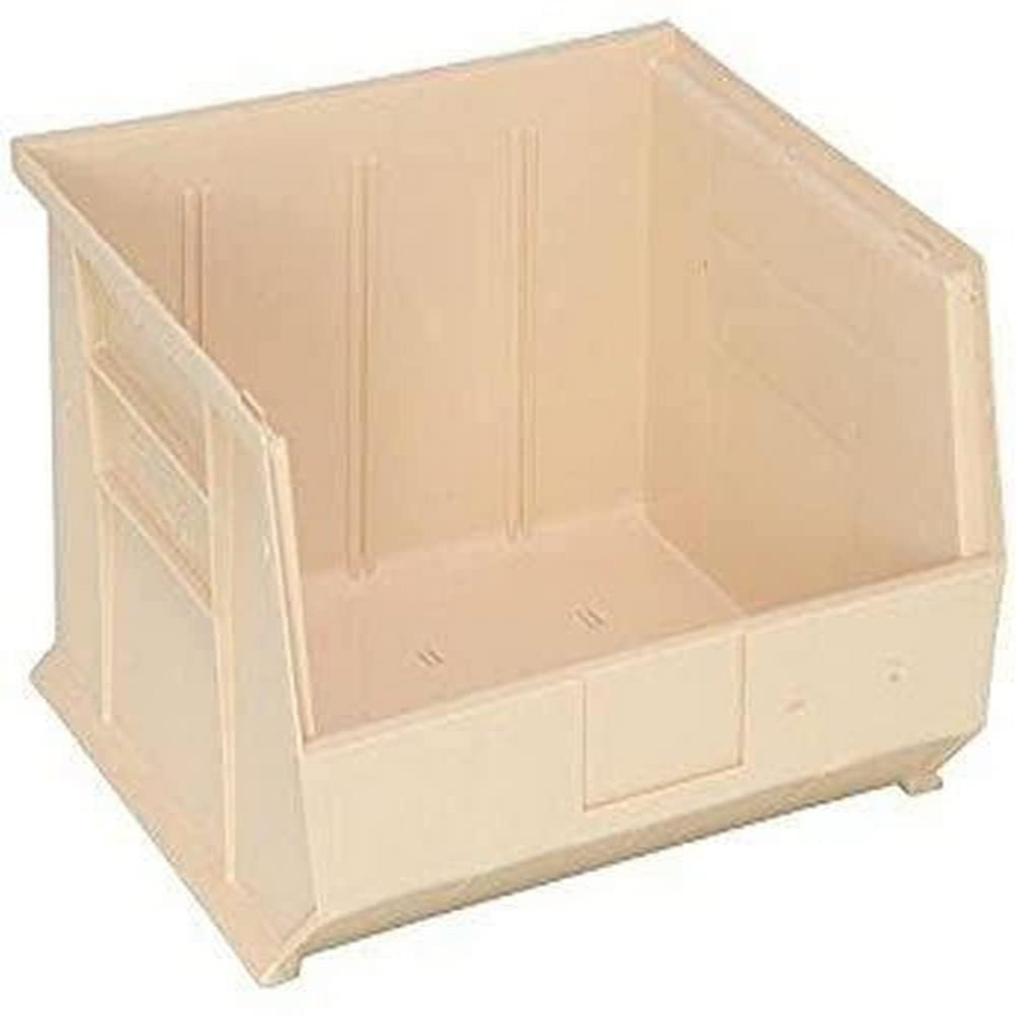 Bin, stacking or hanging, 16-1/2W x 10-7/8D x 5H, front/back/side grips, anti-slide lock, (3) divider slot, rear hanger, molded-in label holder, polypropylene, ivory, Made in USA