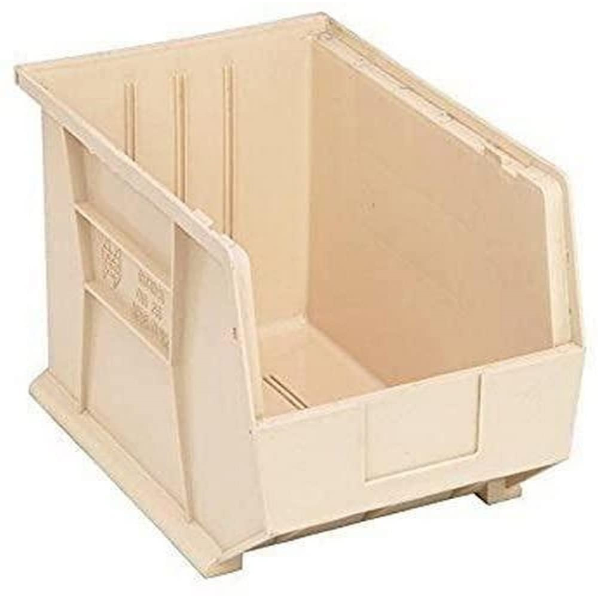 Bin, stacking or hanging, 11W x 16D x 8H, front/back/side grips, anti-slide lock, (3) divider slot, rear hanger, molded-in label holder, polypropylene, ivory, Made in USA