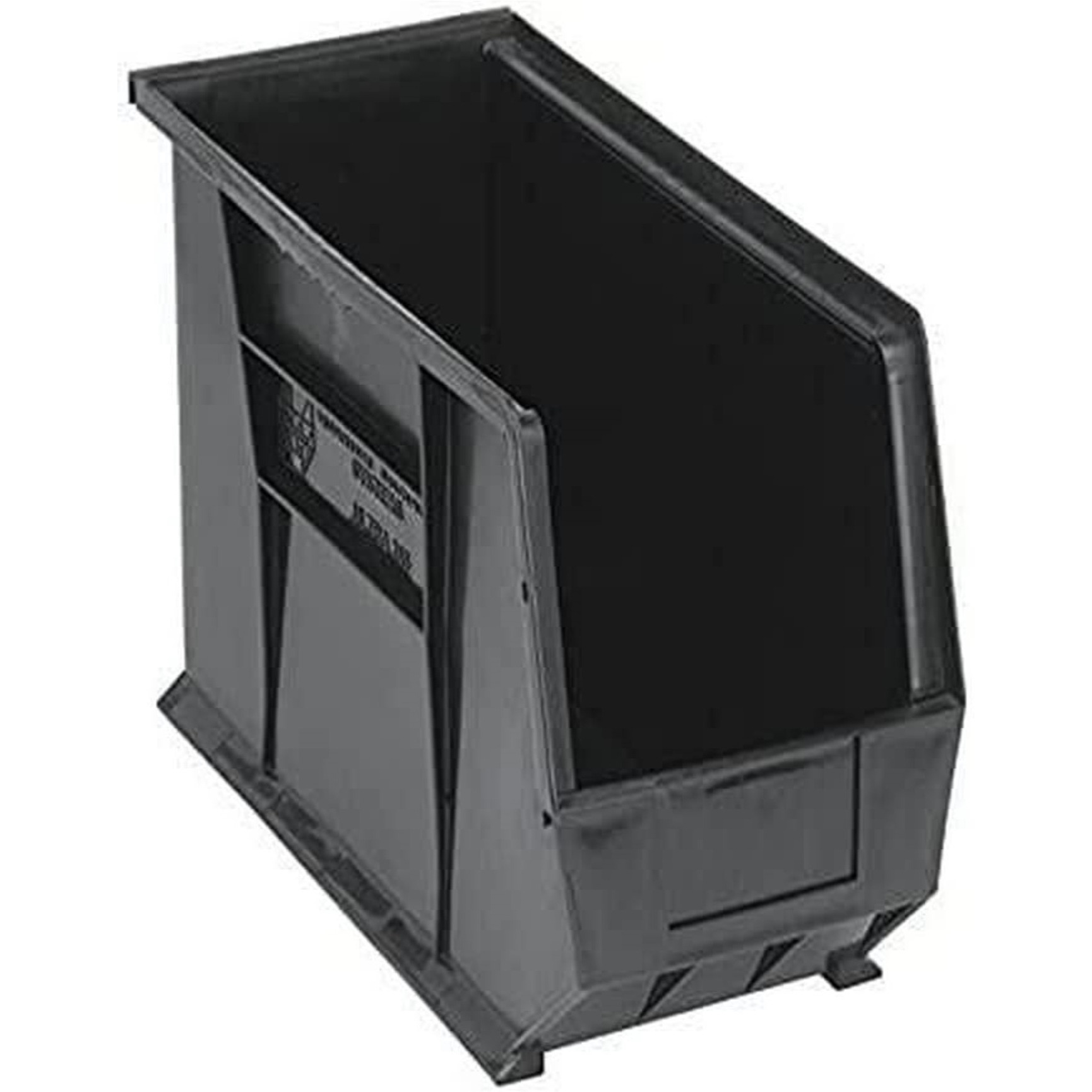 Bin, stacking or hanging, 8-1/4W x 18D x 9H, front/back/side grips, anti-slide lock, (1) divider slot, rear hanger, molded-in label holder, polypropylene, black, Made in USA