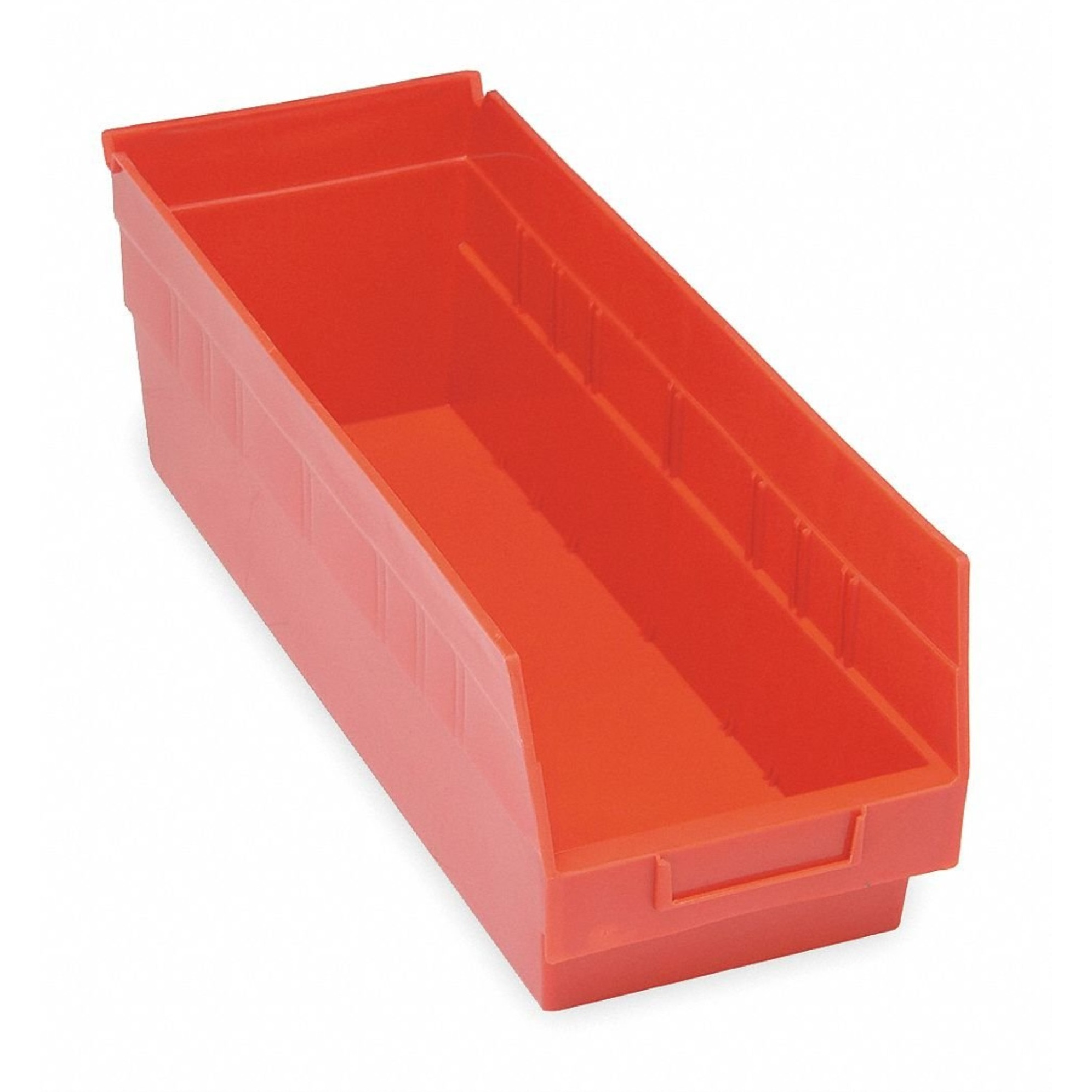 Economy Shelf Bin, nesting, 17-7/8W x 8-3/8D x 6H, (7) divider slots, rear hanglock, molded-in label holder, red polyropylene, Made in USA