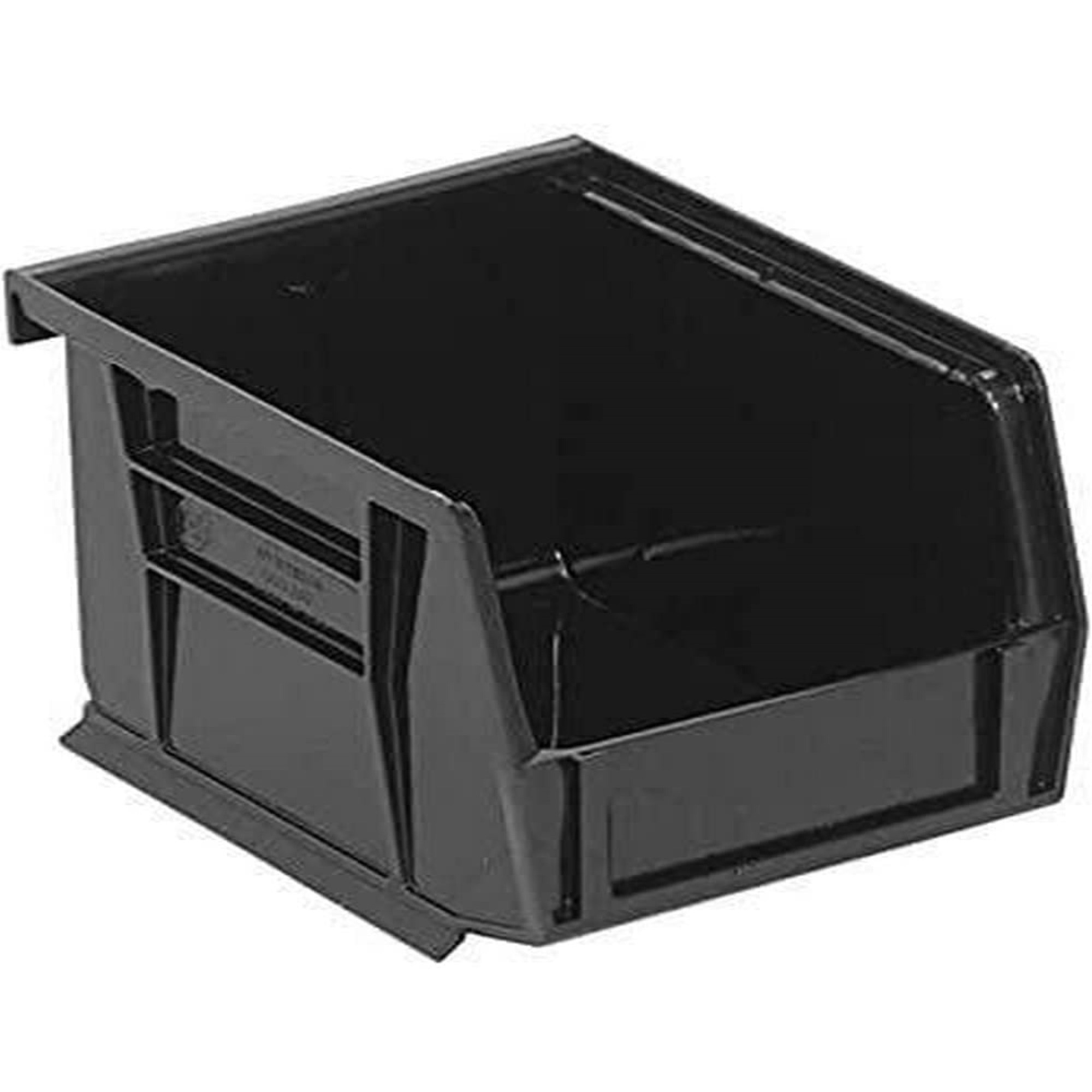 Bin, stacking or hanging, 4-1/8W x 5-3/8D x 3H, front/back/side grips, anti-slide lock, (1) divider slot, rear hanger, molded-in label holder, polypropylene, black, Made in USA