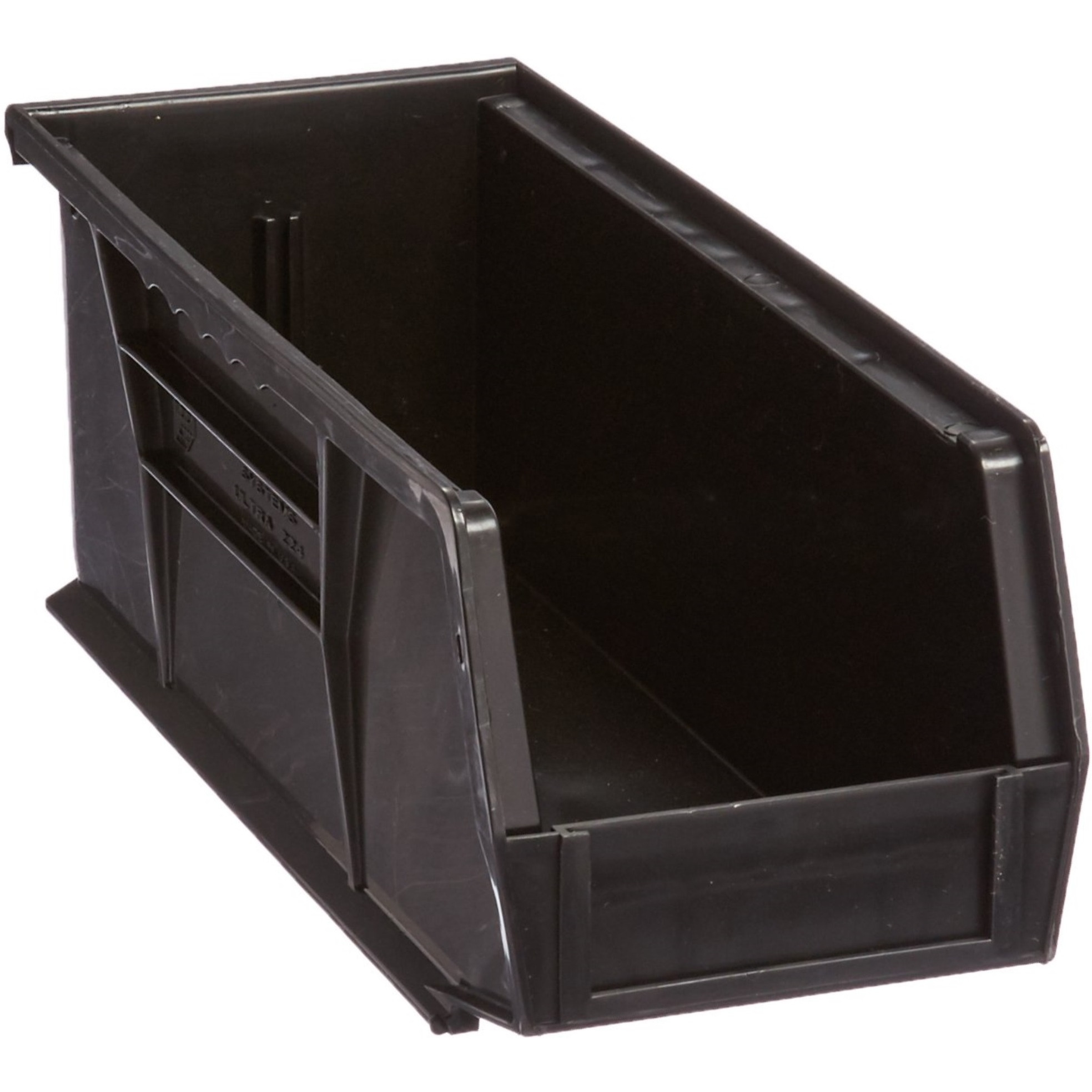 Bin, stacking or hanging, 4-1/8W x 10-7/8D x 4H, front/back/side grips, anti-slide lock, (1) divider slot, rear hanger, molded-in label holder, polypropylene, black, Made in USA