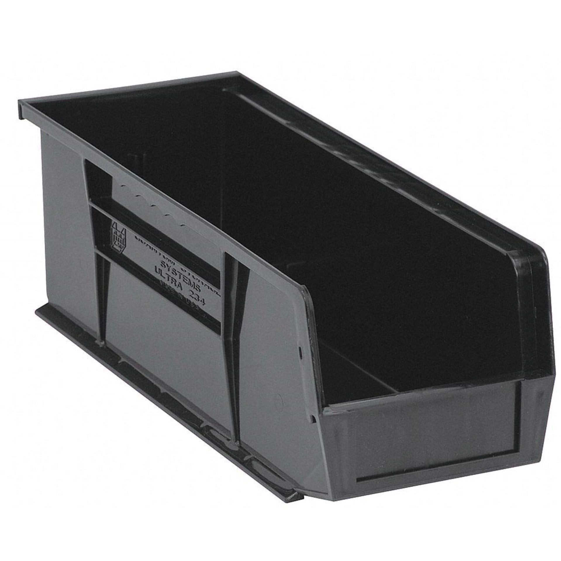 Bin, stacking or hanging, 5-1/2W x 14-3/4D x 5H, front/back/side grips, anti-slide lock, (1) divider slot, rear hanger, molded-in label holder, polypropylene, black, Made in USA