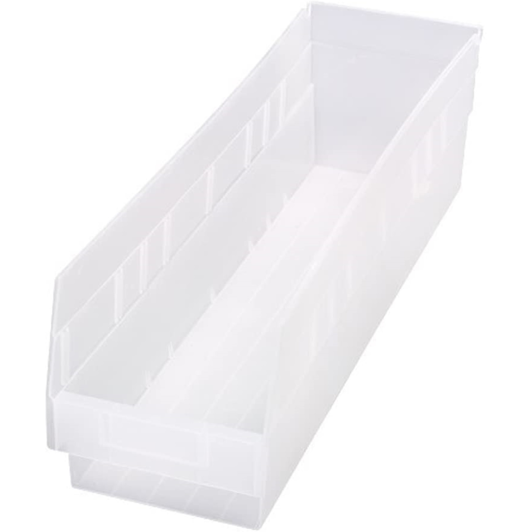 Economy Shelf Bin, nesting, 23-5/8W x 6-5/8D x 6H, (7) divider slots, rear hanglock, molded-in label holder, clear polyropylene, Made in USA