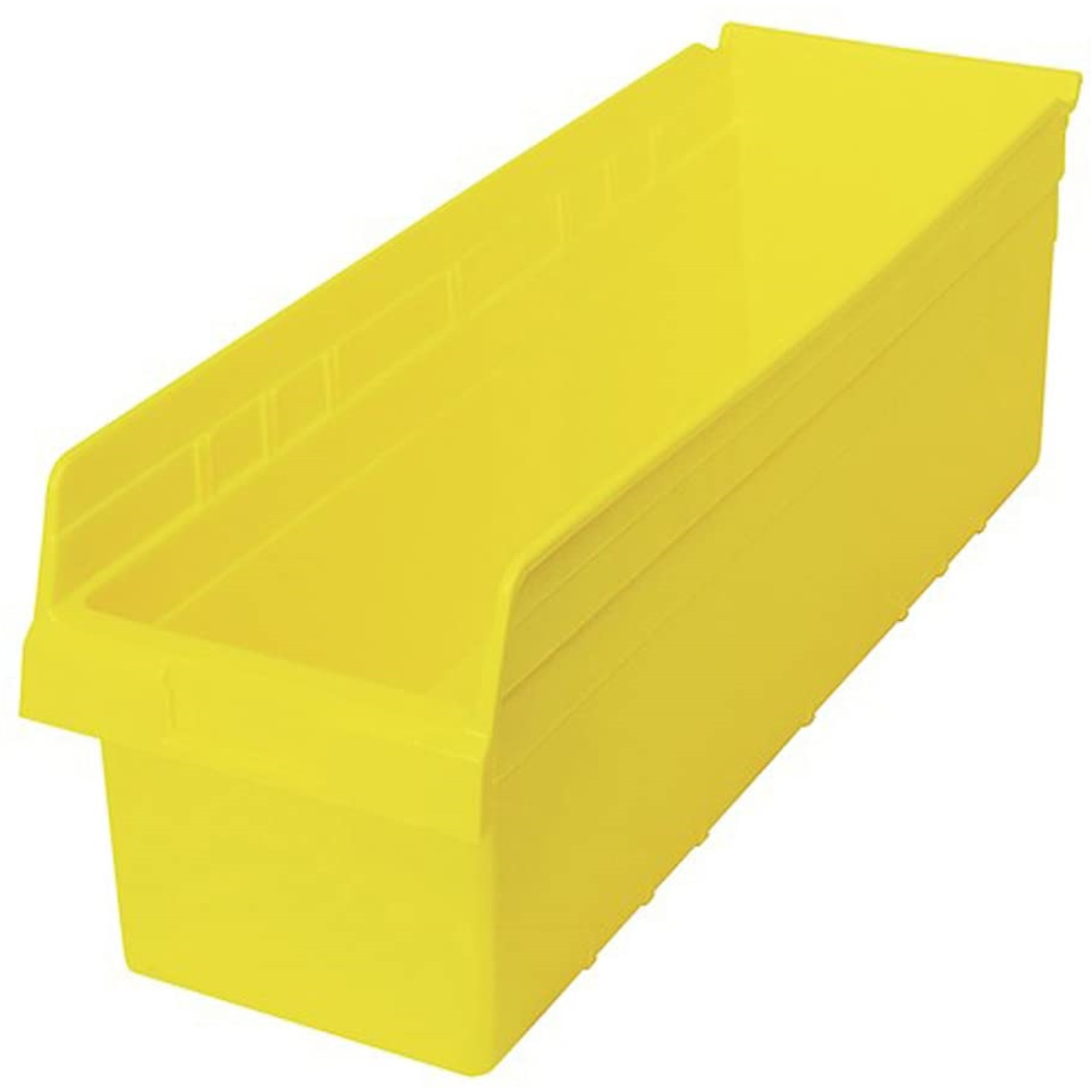 Economy Shelf Bin, nesting, 23-5/8W x 8-3/8D x 4H, (7) divider slots, rear hanglock, molded-in label holder, yellow polyropylene, Made in USA