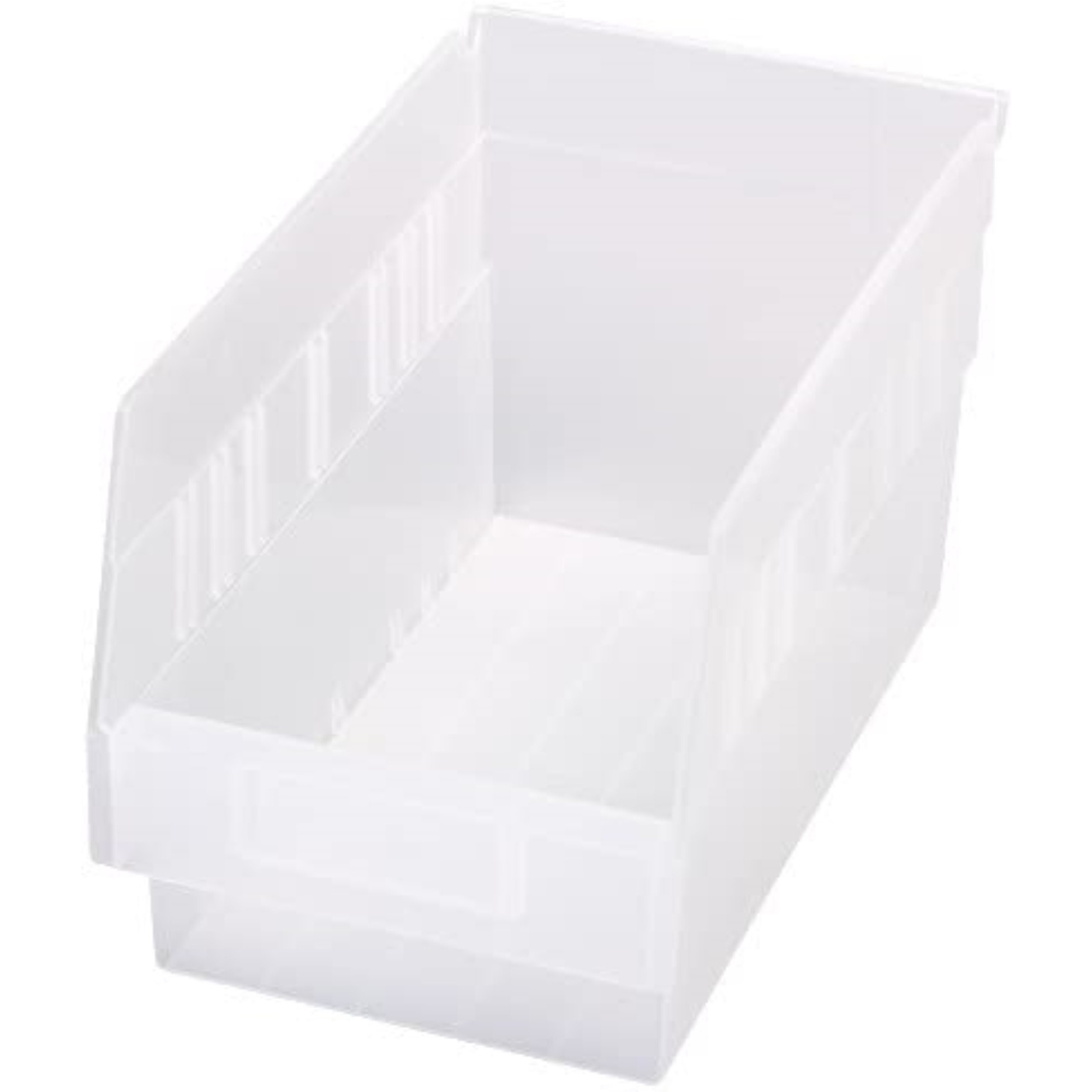 Economy Shelf Bin, nesting, 11-5/8W x 6-5/8D x 6H, (7) divider slots, rear hanglock, molded-in label holder, clear polyropylene, Made in USA