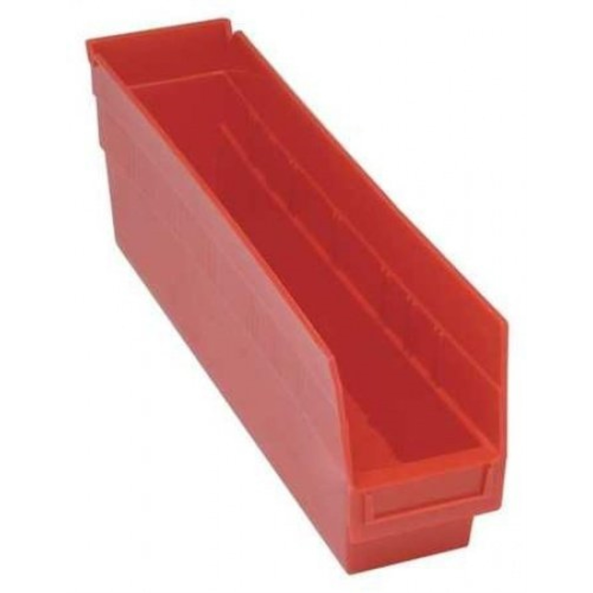 Economy Shelf Bin, nesting, 17-7/8W x 4-1/8D x 4H, (7) divider slots, rear hanglock, molded-in label holder, red polyropylene, Made in USA