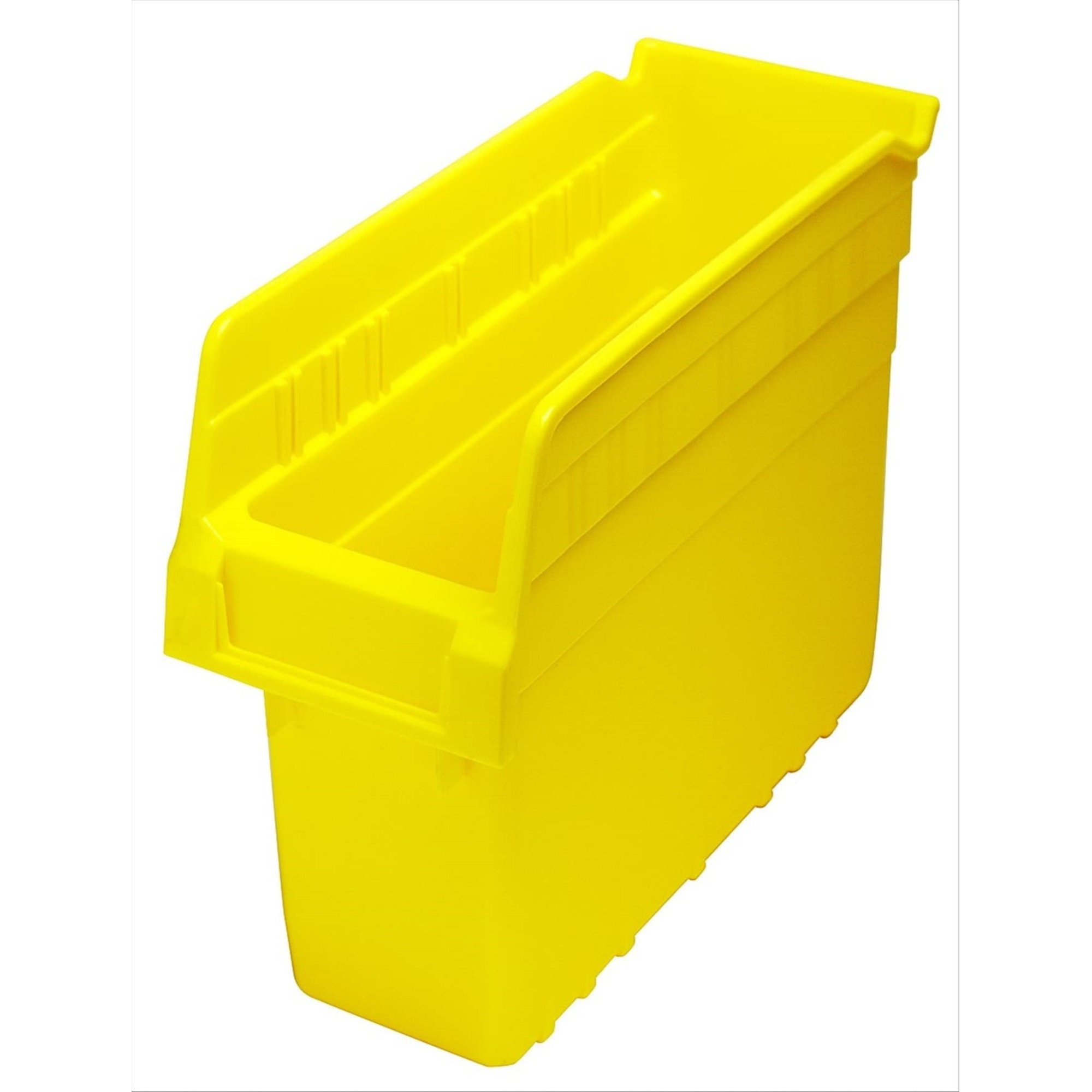 Economy Shelf Bin, nesting, 11-5/8W x 4-1/8D x 4H, (7) divider slots, rear hanglock, molded-in label holder, yellow polyropylene, Made in USA
