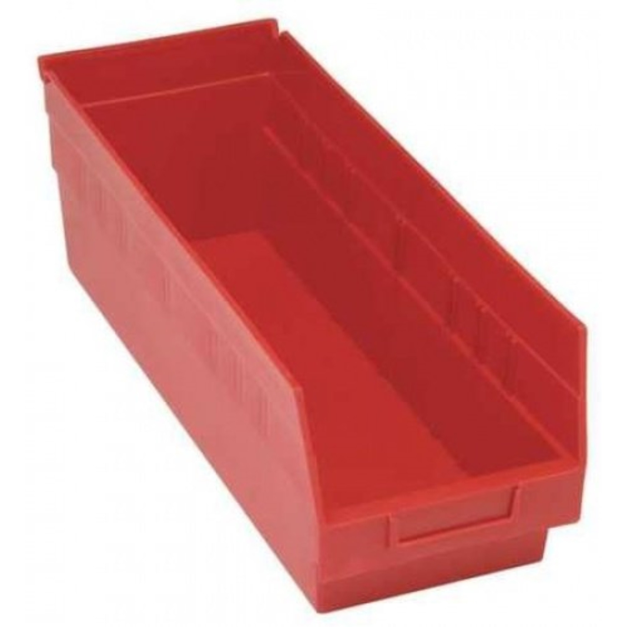 Economy Shelf Bin, nesting, 17-7/8W x 6-5/8D x 4H, (7) divider slots, rear hanglock, molded-in label holder, red polyropylene, Made in USA