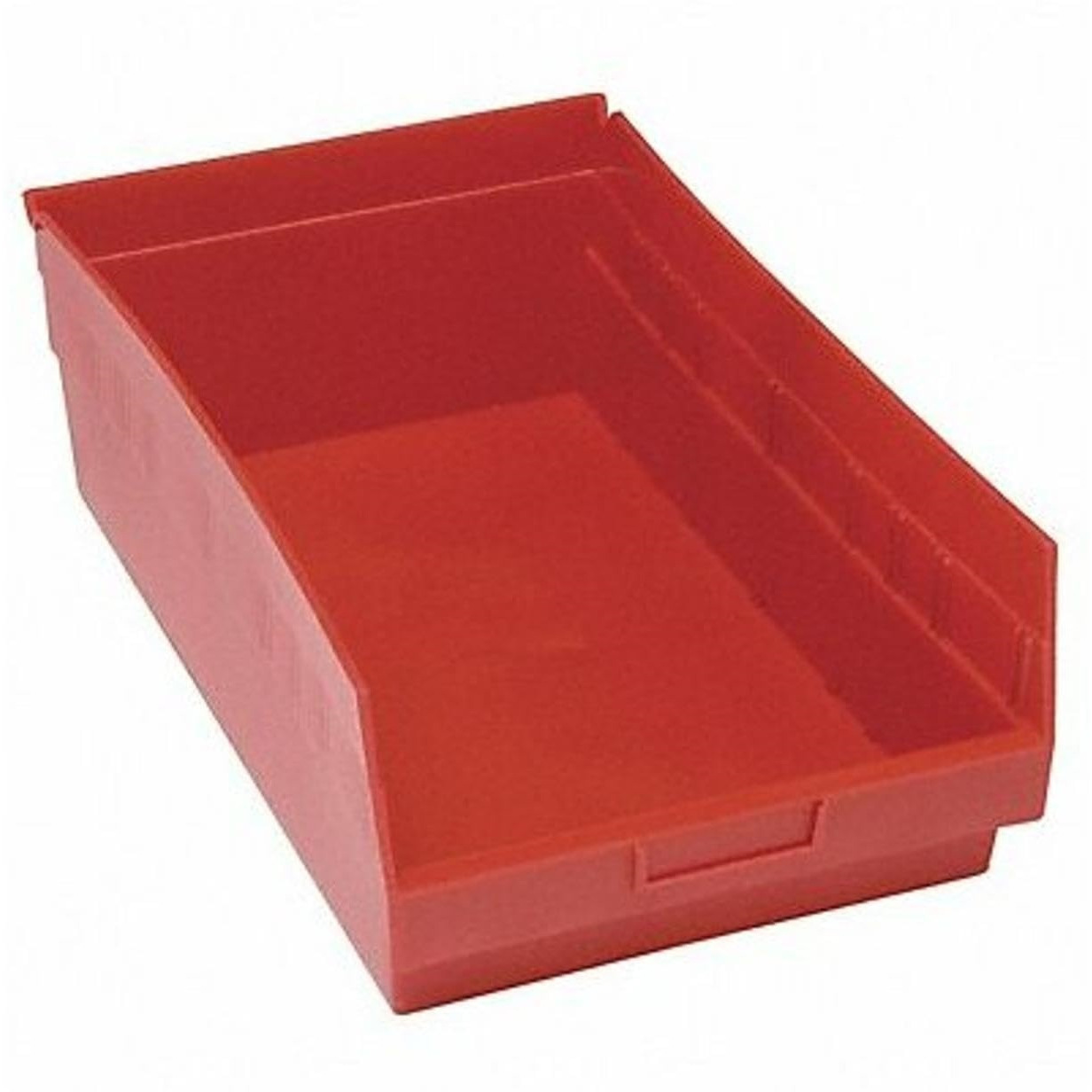 Economy Shelf Bin, nesting, 17-7/8W x 11-1/8D x 4H, (7) divider slots, rear hanglock, molded-in label holder, red polyropylene, Made in USA