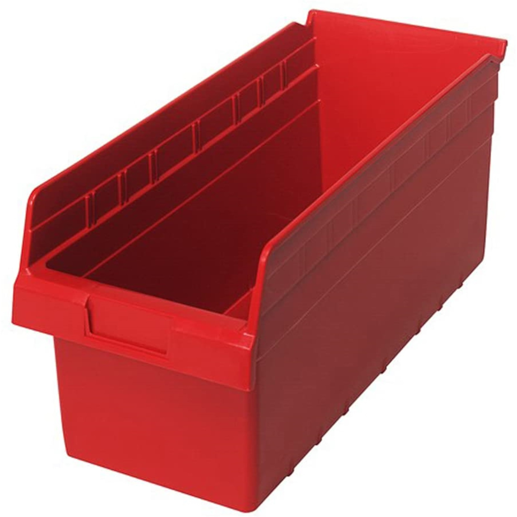 Economy Shelf Bin, nesting, 17-7/8W x 8-3/8D x 4H, (7) divider slots, rear hanglock, molded-in label holder, red polyropylene, Made in USA