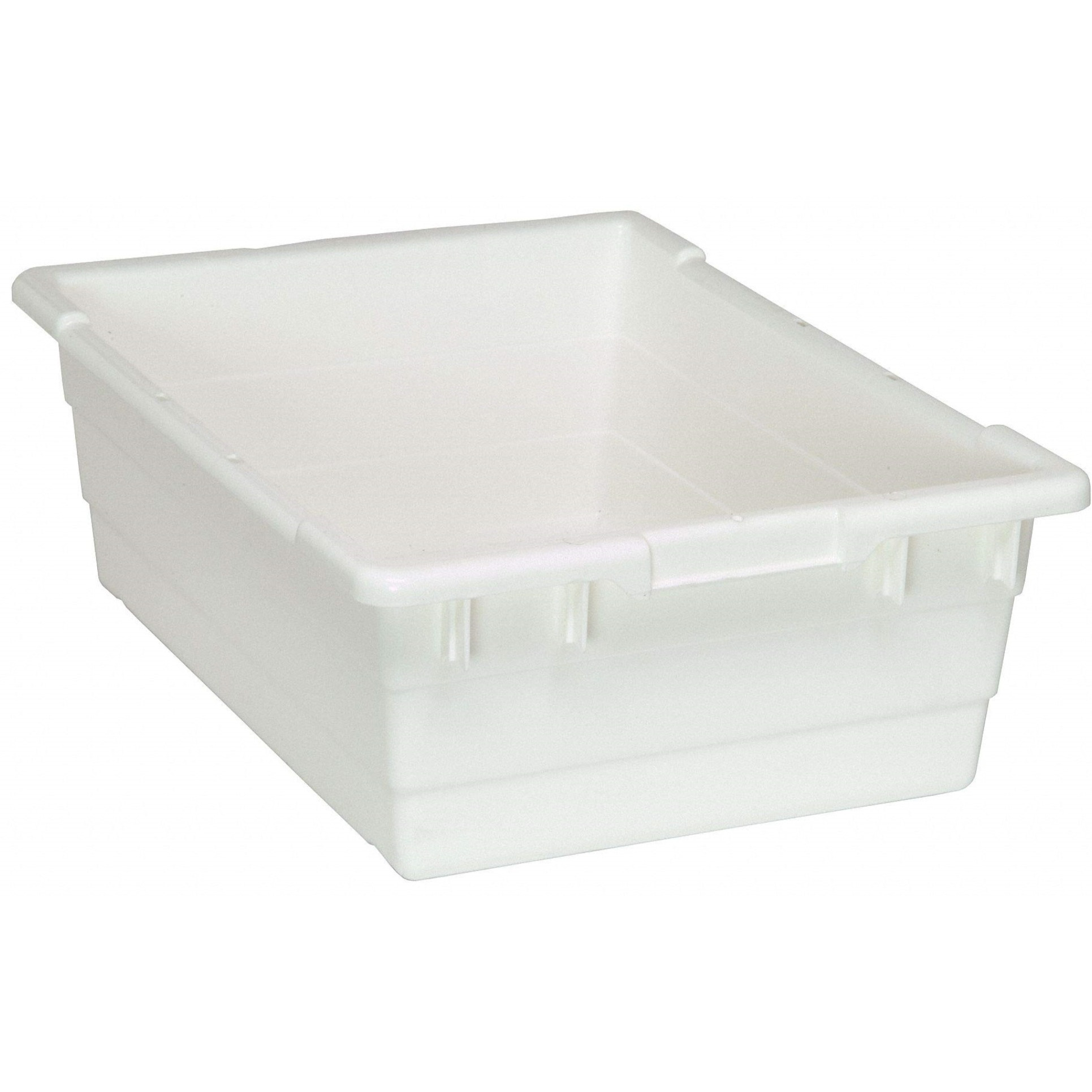 Cross Stack Tub, 9.81 gallon capacity, 100 lb. weight capacity, built-in handle grips, bottom grooves for cross stacking, 1/4 drill hole pattern on bottom, polypropylene, white, Made in USA