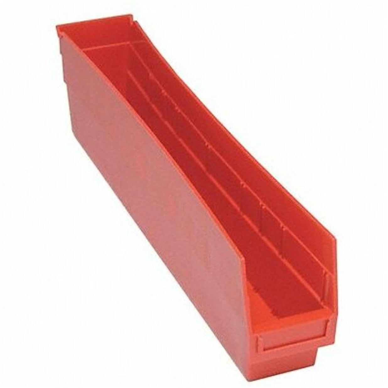 Economy Shelf Bin, nesting, 23-5/8W x 4-1/8D x 4H, (7) divider slots, rear hanglock, molded-in label holder, red polyropylene, Made in USA