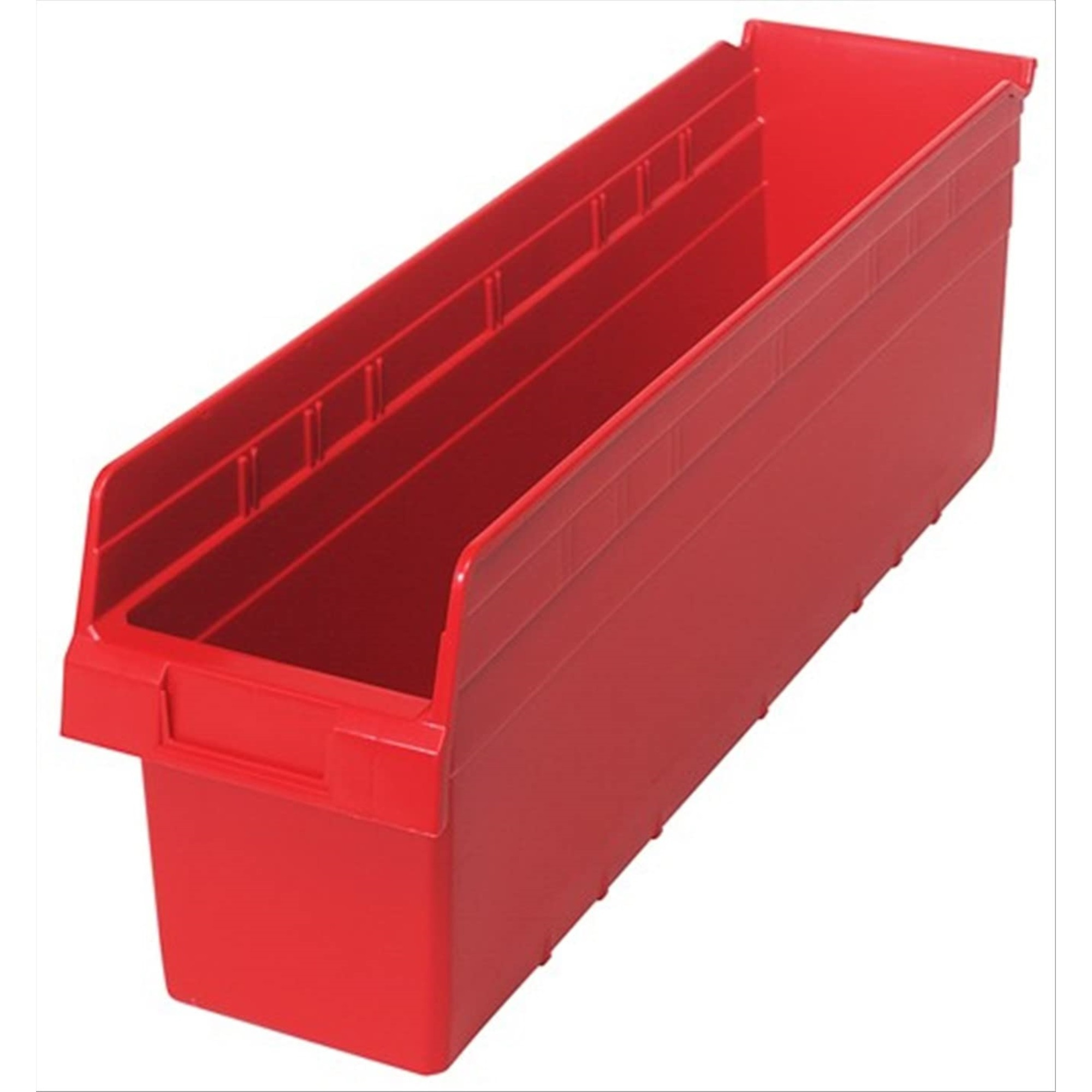 Economy Shelf Bin, nesting, 23-5/8W x 6-5/8D x 4H, (7) divider slots, rear hanglock, molded-in label holder, red polyropylene, Made in USA