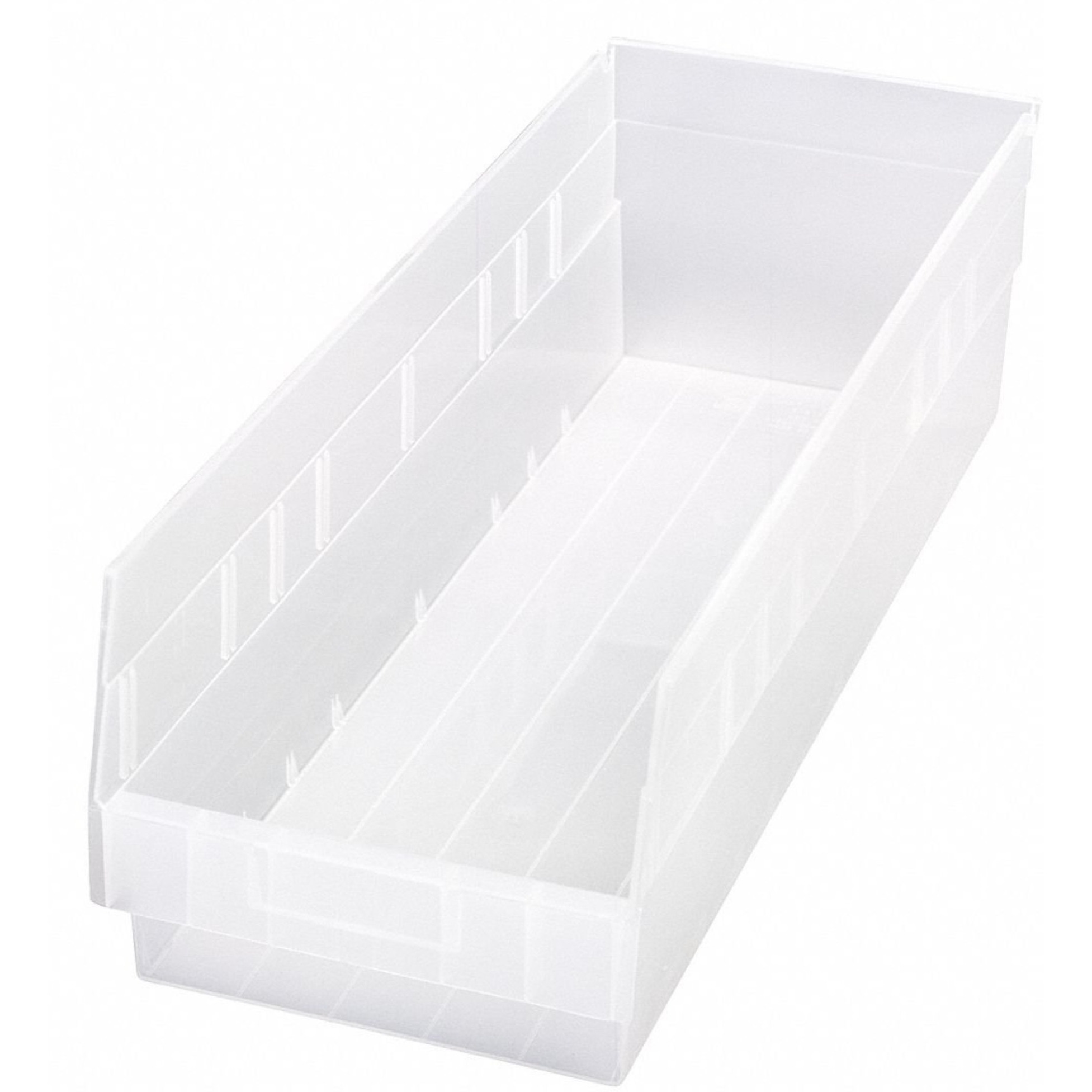 Economy Shelf Bin, nesting, 23-5/8W x 8-3/8D x 6H, (7) divider slots, rear hanglock, molded-in label holder, clear polyropylene, Made in USA