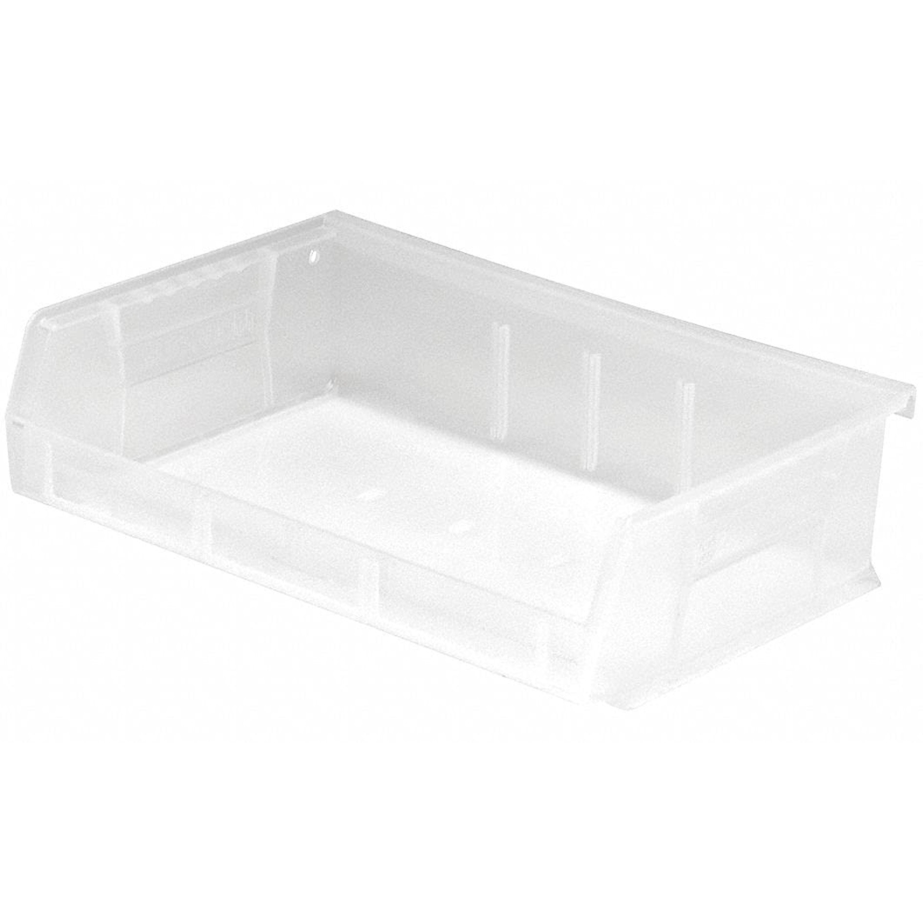 Bin, stacking or hanging, 11W x 7-3/8D x 3H, front/back/side grips, anti-slide lock, (3) divider slots, rear hanger, molded-in label holder, polypropylene, clear, Made in USA