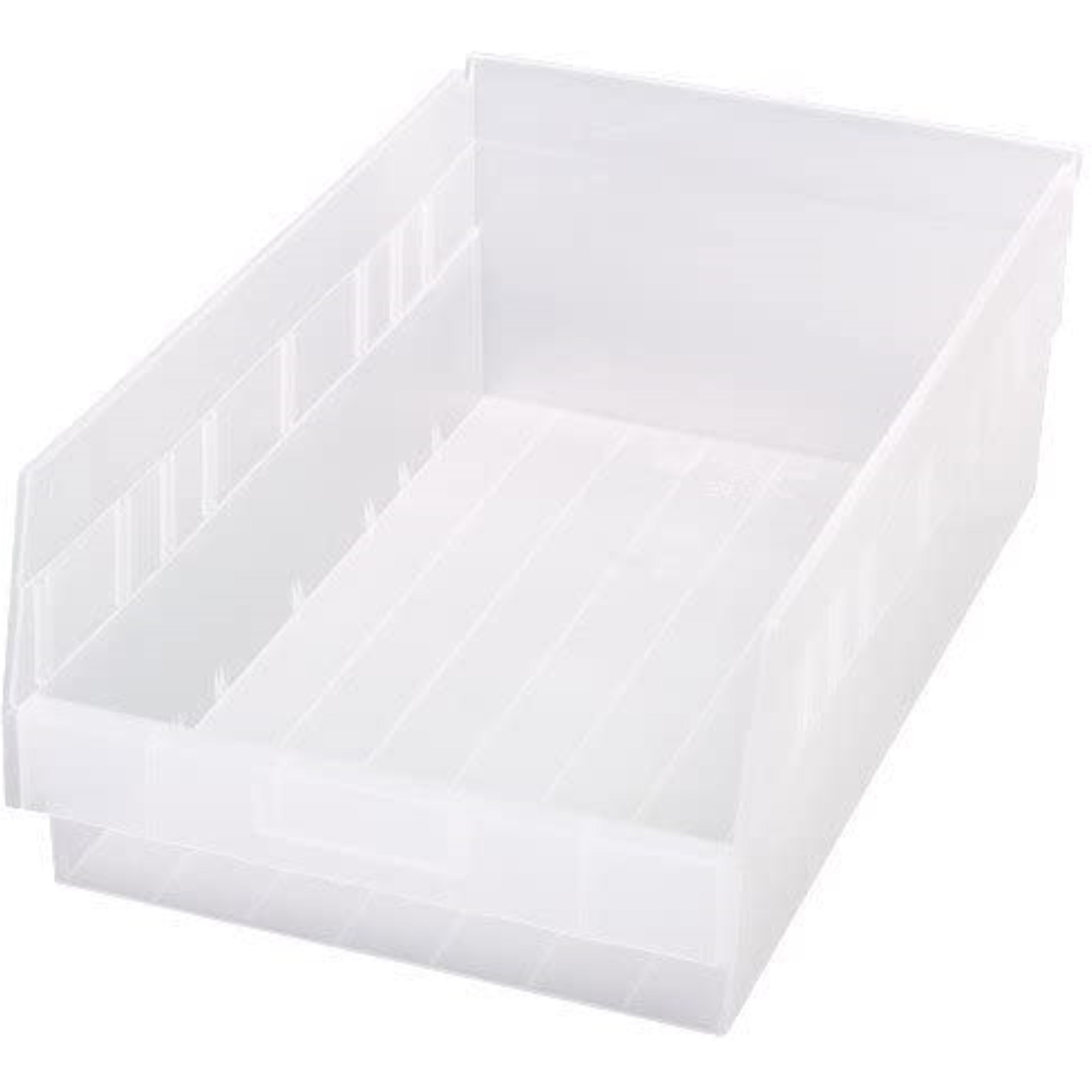 Economy Shelf Bin, nesting, 17-7/8W x 11-1/8D x 6H, (7) divider slots, rear hanglock, molded-in label holder, clear polyropylene, Made in USA