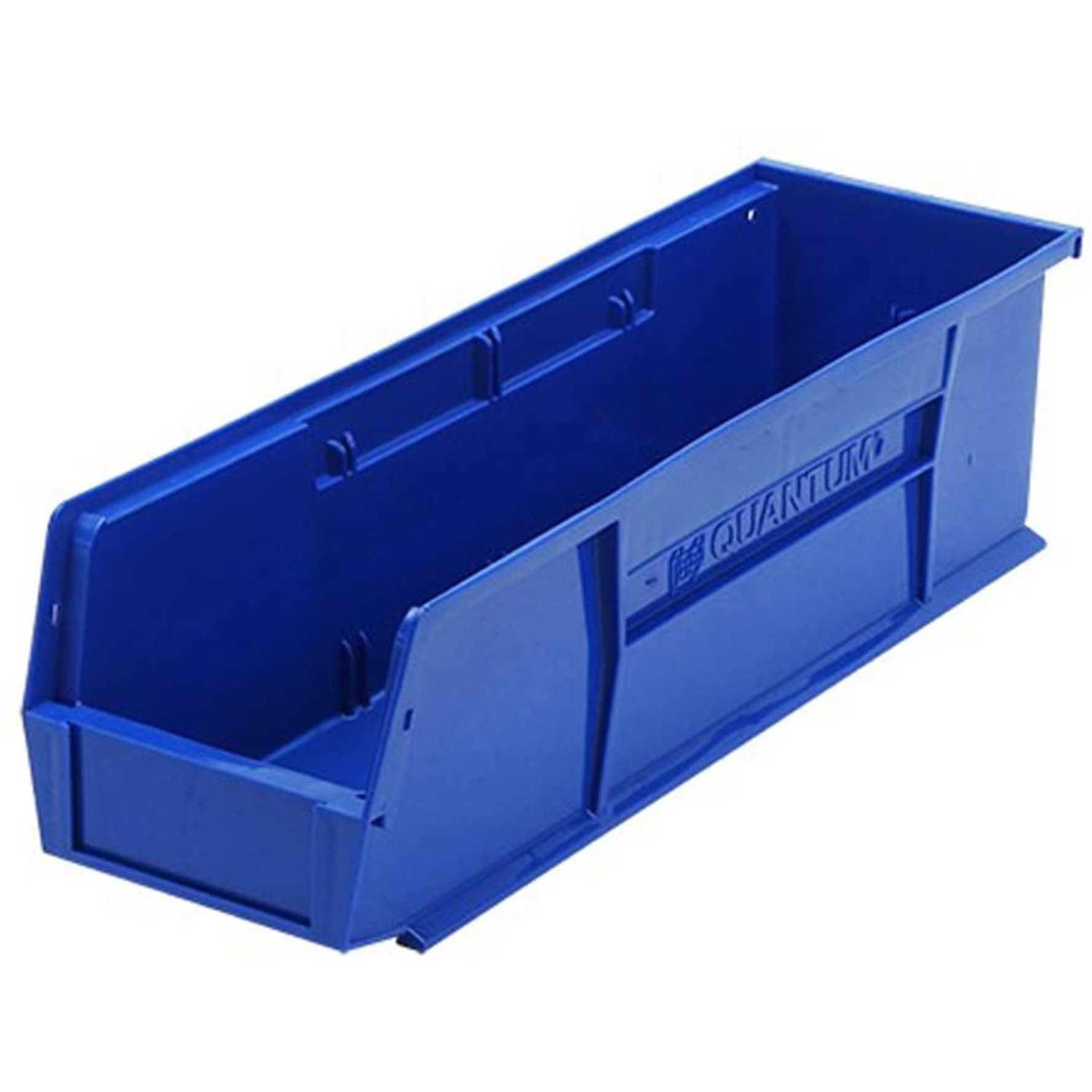 Bin, stacking or hanging, 5-1/2W x 18D x 5H, front/back/side grips, anti-slide lock, (1) divider slot, rear hanger, molded-in label holder, polypropylene, blue, Made in USA