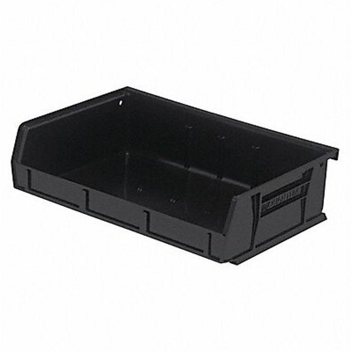 Bin, stacking or hanging, 11W x 7-3/8D x 3H, front/back/side grips, anti-slide lock, (3) divider slot, rear hanger, molded-in label holder, polypropylene, black, Made in USA
