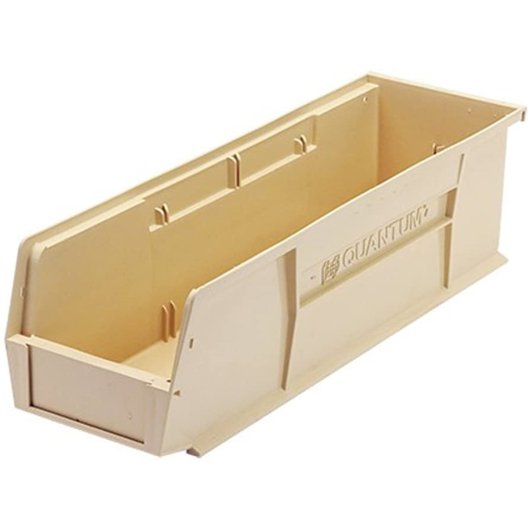 Bin, stacking or hanging, 5-1/2W x 18D x 5H, front/back/side grips, anti-slide lock, (1) divider slot, rear hanger, molded-in label holder, polypropylene, ivory, Made in USA