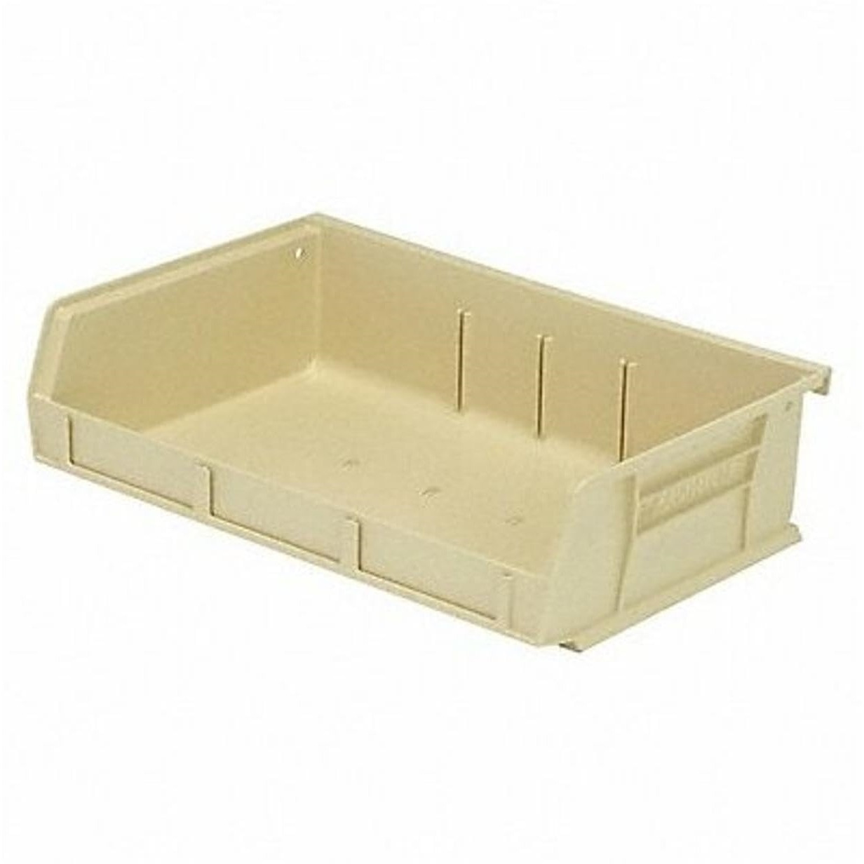 Bin, stacking or hanging, 11W x 7-3/8D x 3H, front/back/side grips, anti-slide lock, (3) divider slot, rear hanger, molded-in label holder, polypropylene, ivory, Made in USA