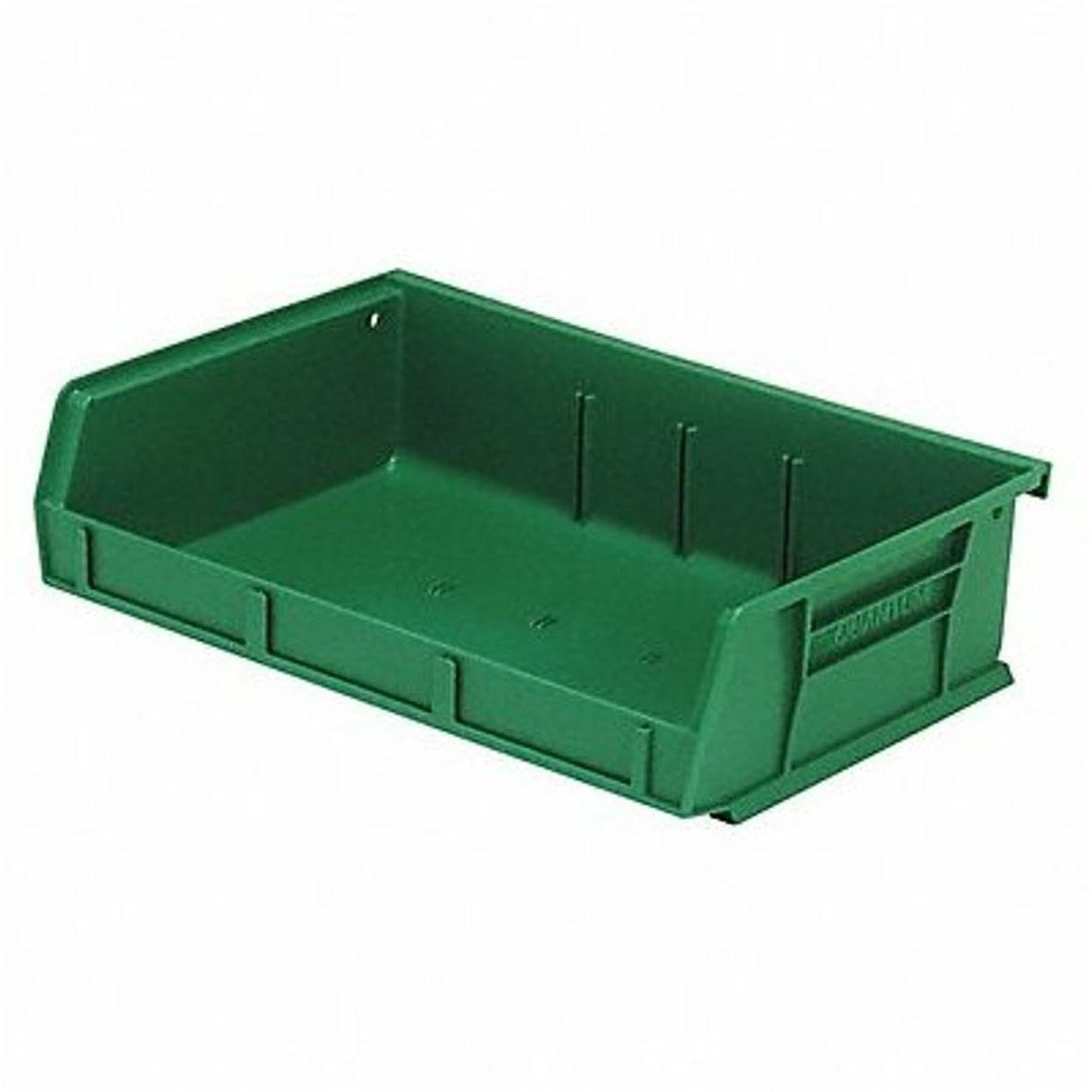 Bin, stacking or hanging, 11W x 7-3/8D x 3H, front/back/side grips, anti-slide lock, (3) divider slot, rear hanger, molded-in label holder, polypropylene, green, Made in USA