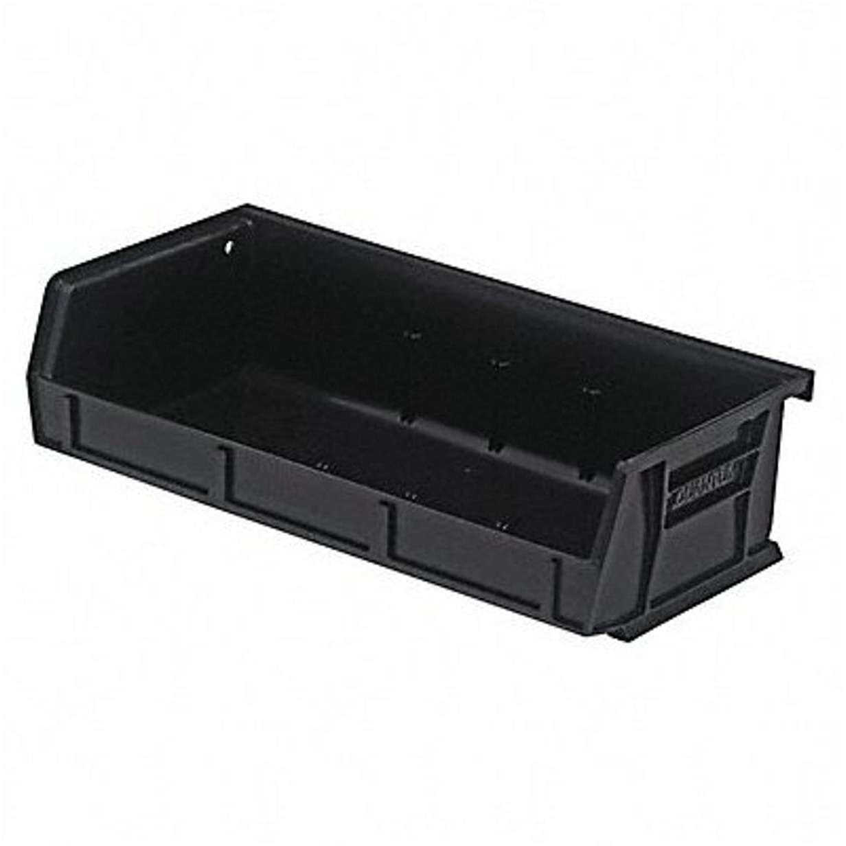 Bin, stacking or hanging, 11W x 5-3/8D x 3H, front/back/side grips, anti-slide lock, (3) divider slot, rear hanger, molded-in label holder, polypropylene, black, Made in USA