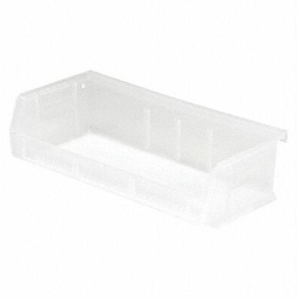 Bin, stacking or hanging, 11W x 5-3/8D x 3H, front/back/side grips, anti-slide lock, (3) divider slots, rear hanger, molded-in label holder, polypropylene, clear, Made in USA