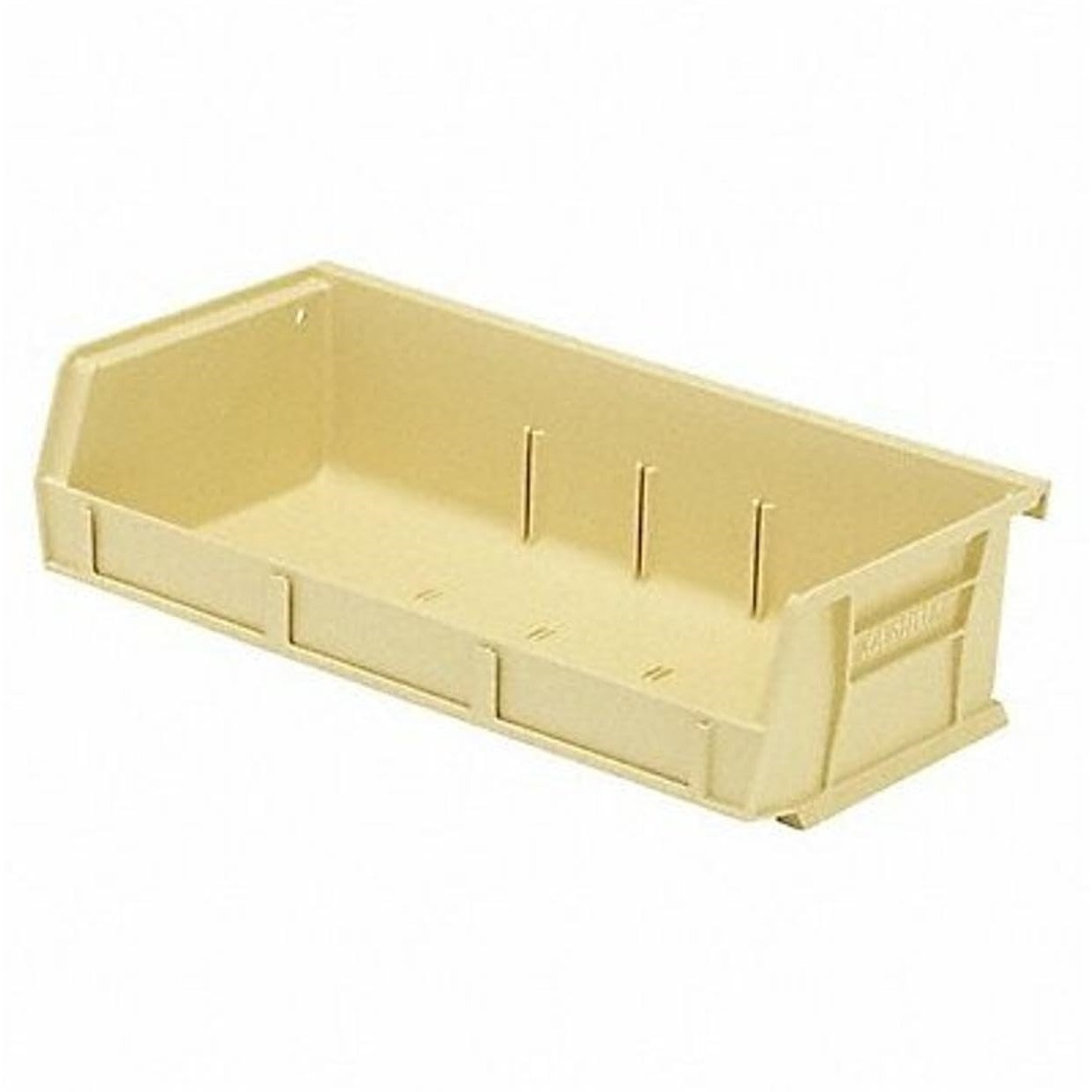 Bin, stacking or hanging, 11W x 5-3/8D x 3H, front/back/side grips, anti-slide lock, (3) divider slot, rear hanger, molded-in label holder, polypropylene, ivory, Made in USA