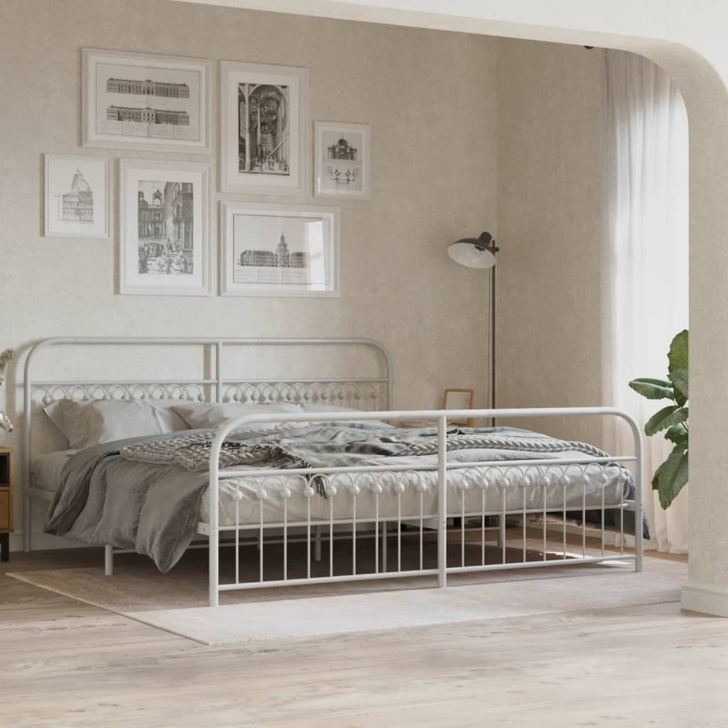 vidaXL Metal Bed Frame with Headboard and Footboard White 76x79.9 King