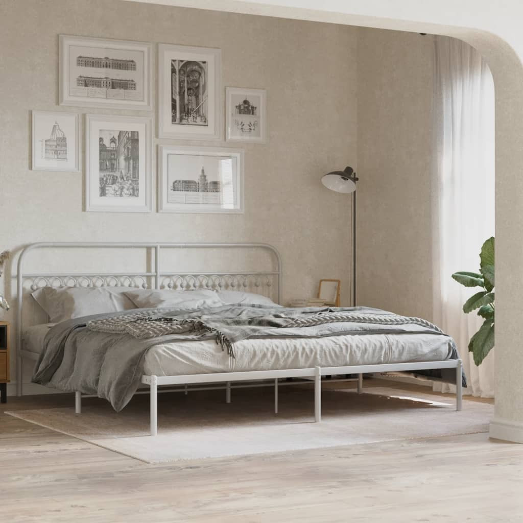 vidaXL Metal Bed Frame with Headboard White 76x79.9 King
