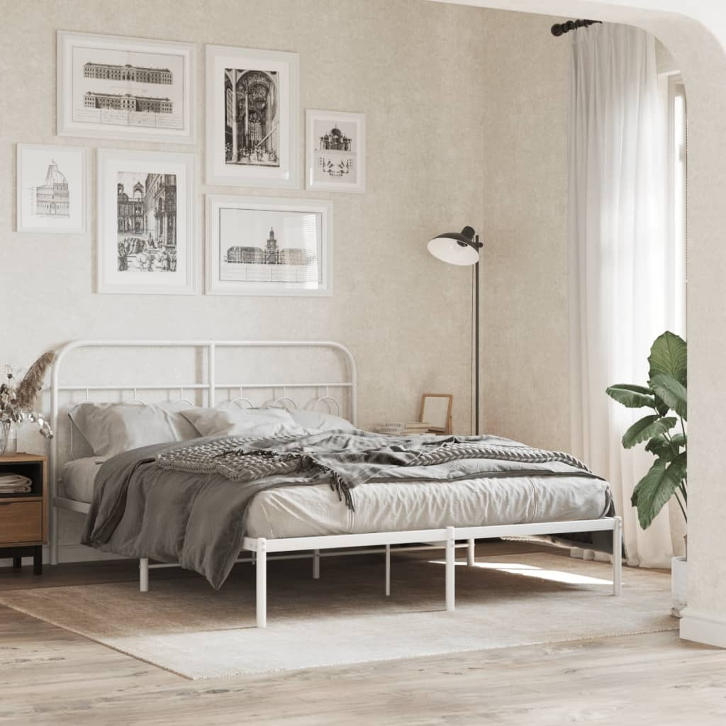 vidaXL Metal Bed Frame with Headboard White 59.1x78.7