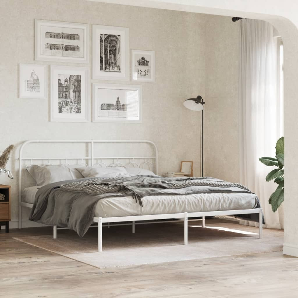 vidaXL Metal Bed Frame with Headboard White 76x79.9 King