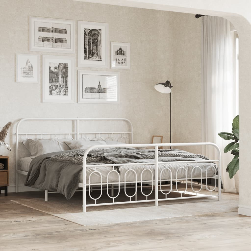 vidaXL Metal Bed Frame with Headboard and Footboard White 76x79.9 King