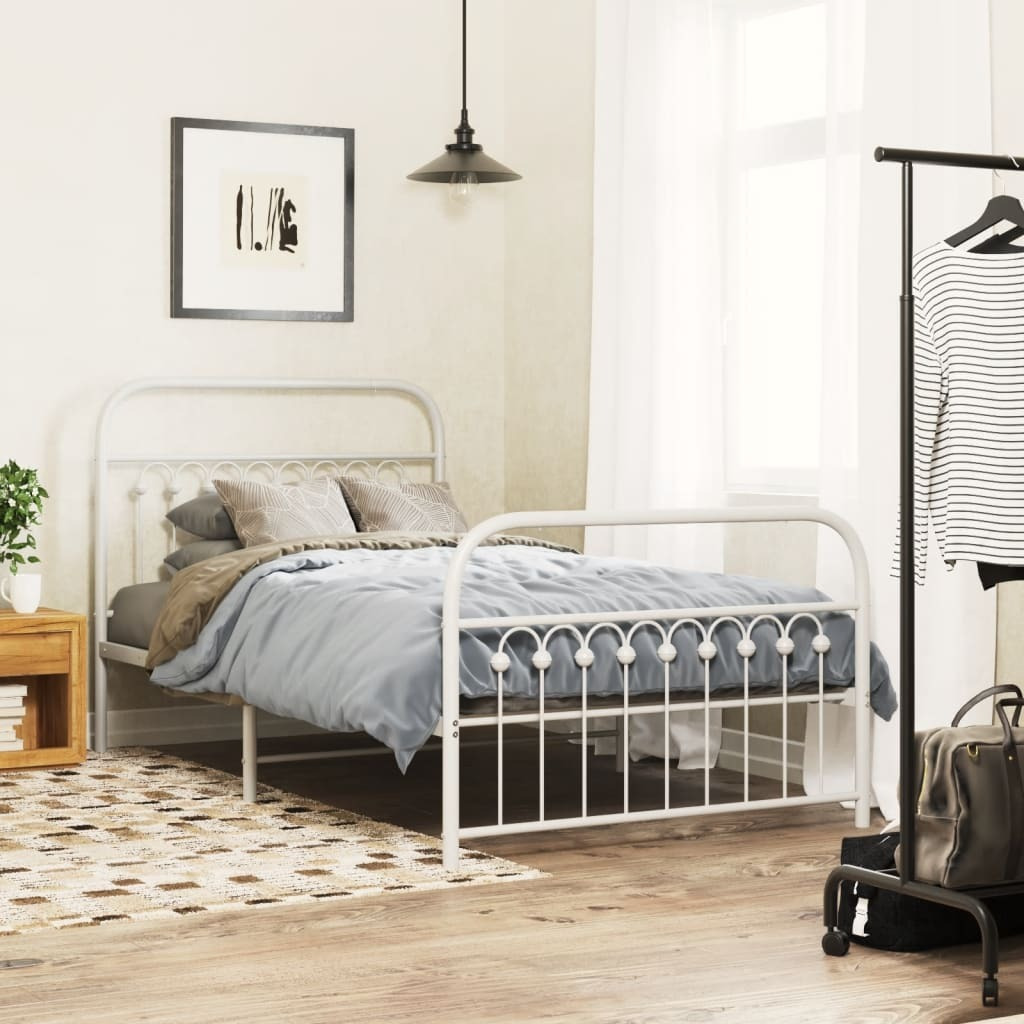vidaXL Metal Bed Frame with Headboard and Footboard White 39.4x78.7