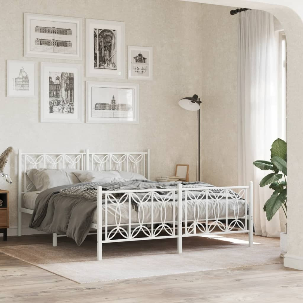 vidaXL Metal Bed Frame with Headboard and Footboard White 59.1x78.7