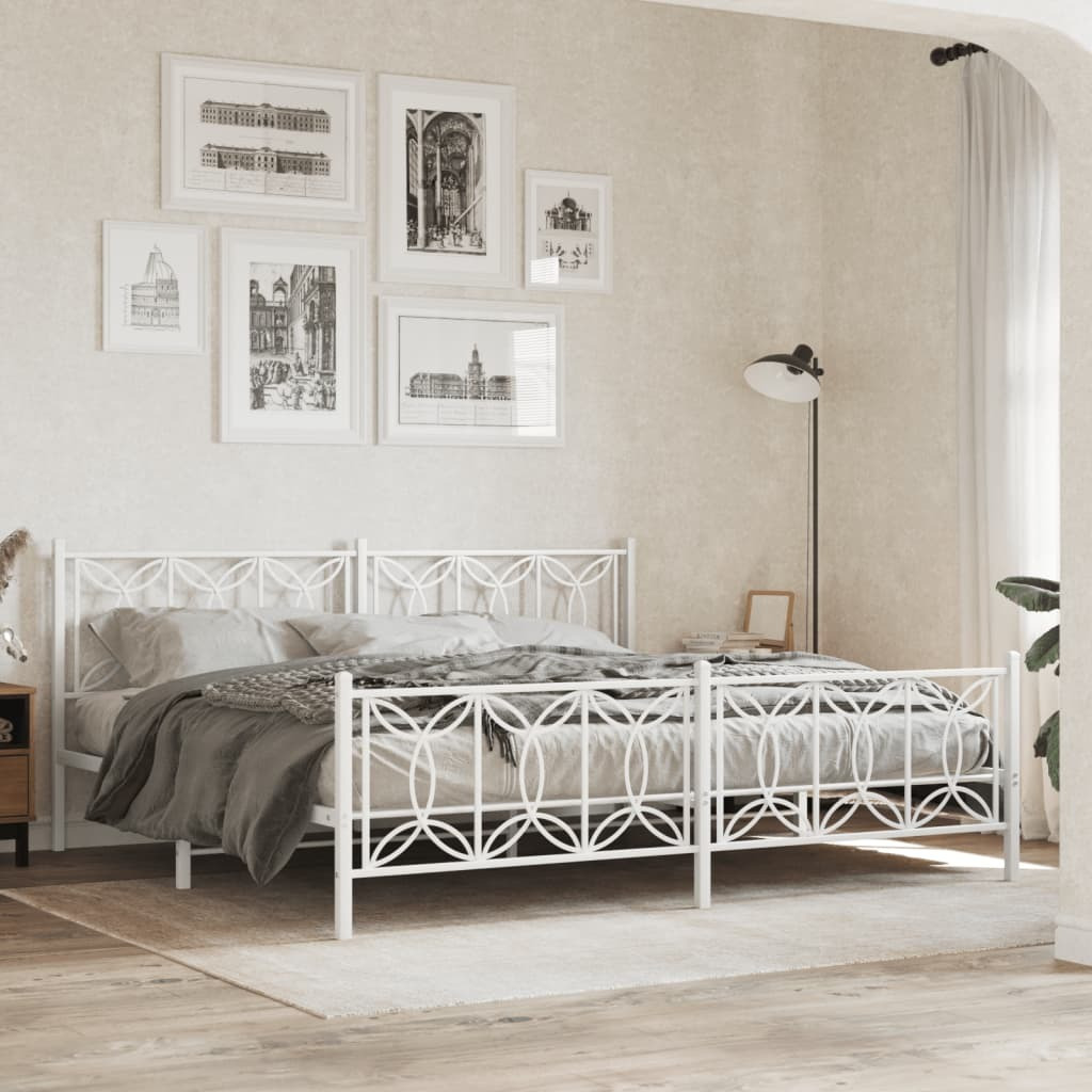 vidaXL Metal Bed Frame with Headboard and Footboard White 76x79.9 King