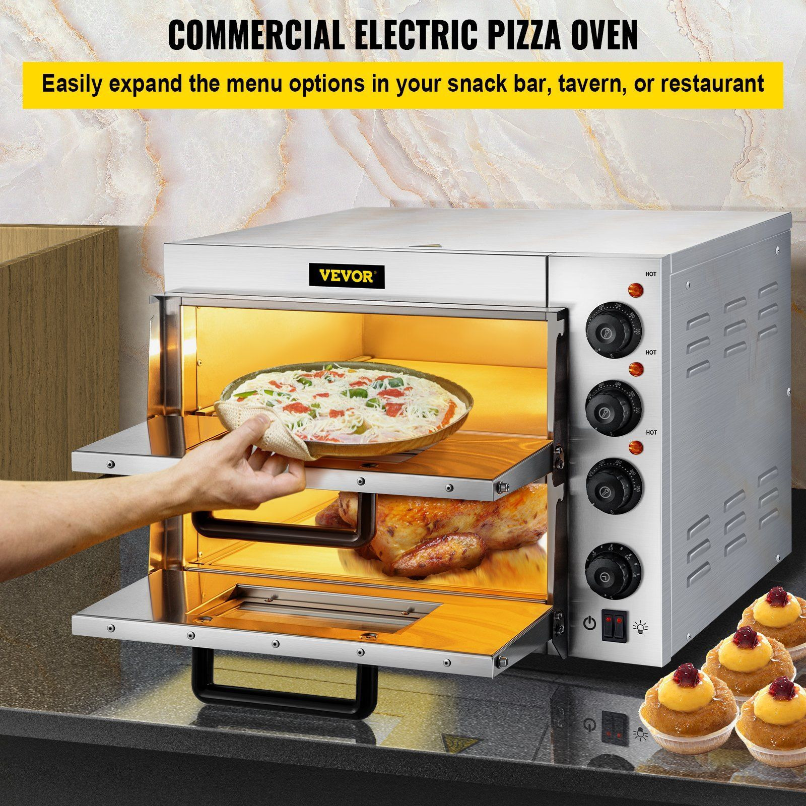 VEVOR Commercial Pizza Oven Countertop, 14 Double Deck Layer, 110V 1950W Stainless Steel Electric Pizza Oven with Stone and Shelf, Multipurpose Indoor Pizza Maker for Restaurant Home Pretzels Baked