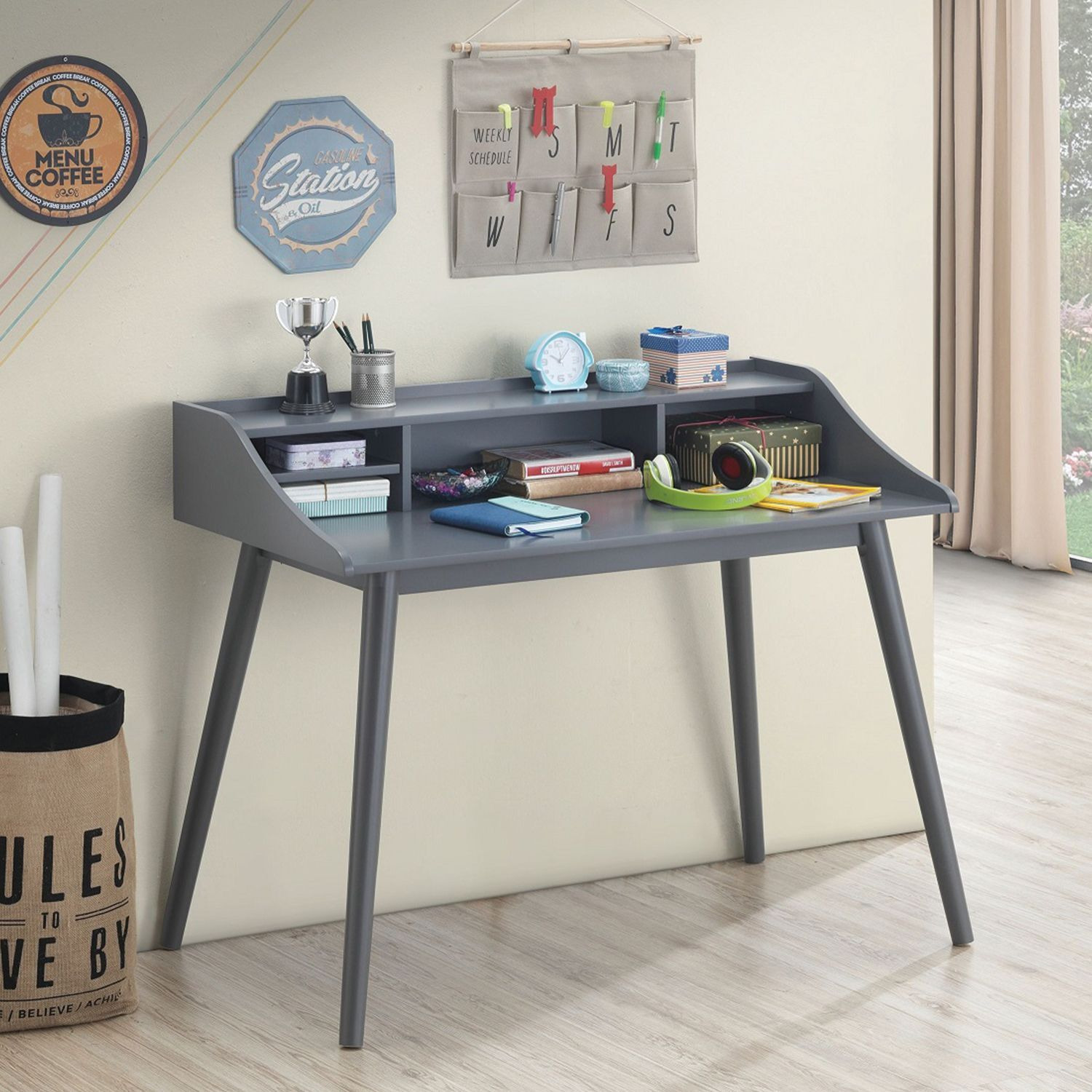 4-compartment Writing Desk in Grey