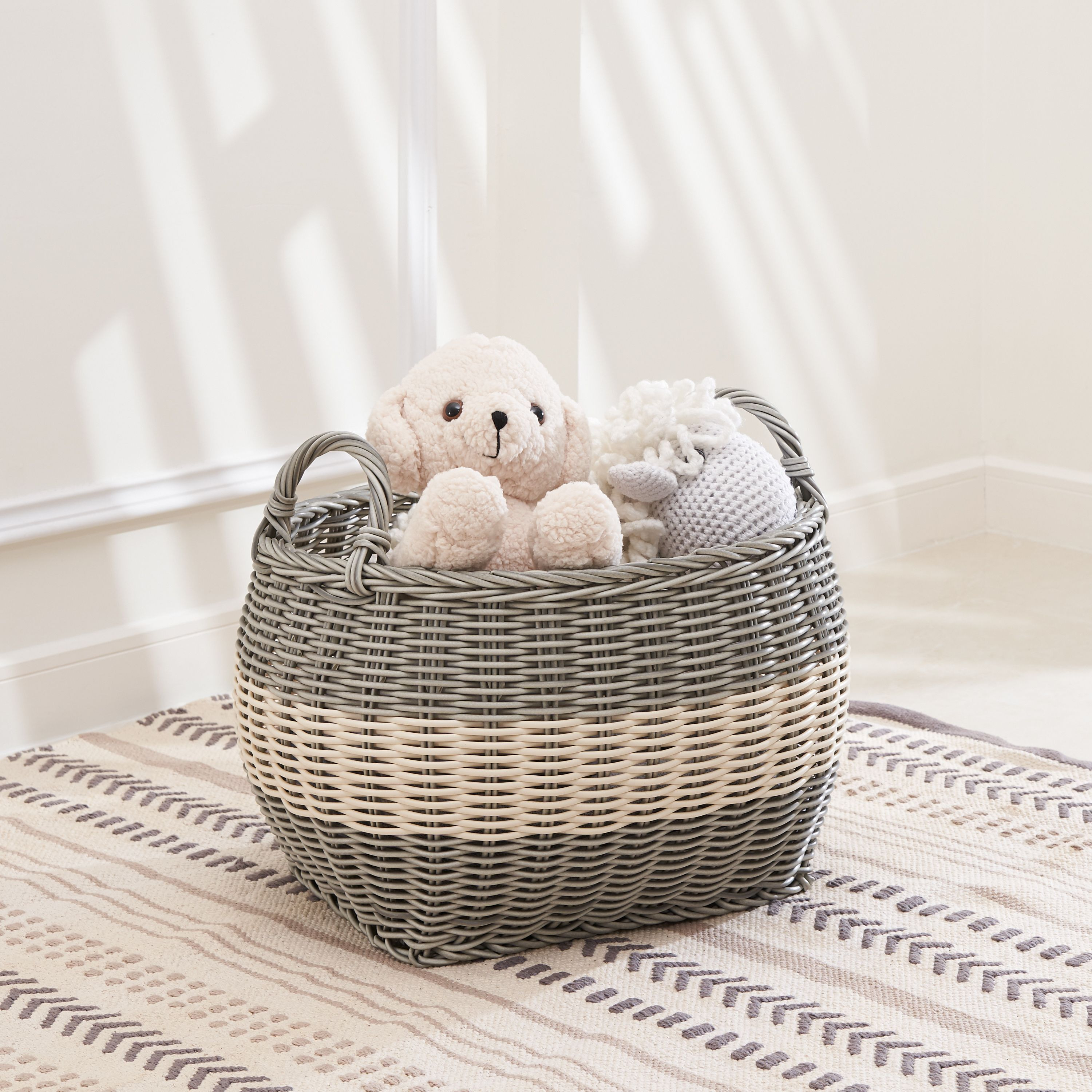 Zita Oval Resin Woven Wicker Multi-Use Storage Basket with Handles - 18 x 15 x 15 - White-Gray - For Towel, Toys, Magazines Storage and Home Decoration