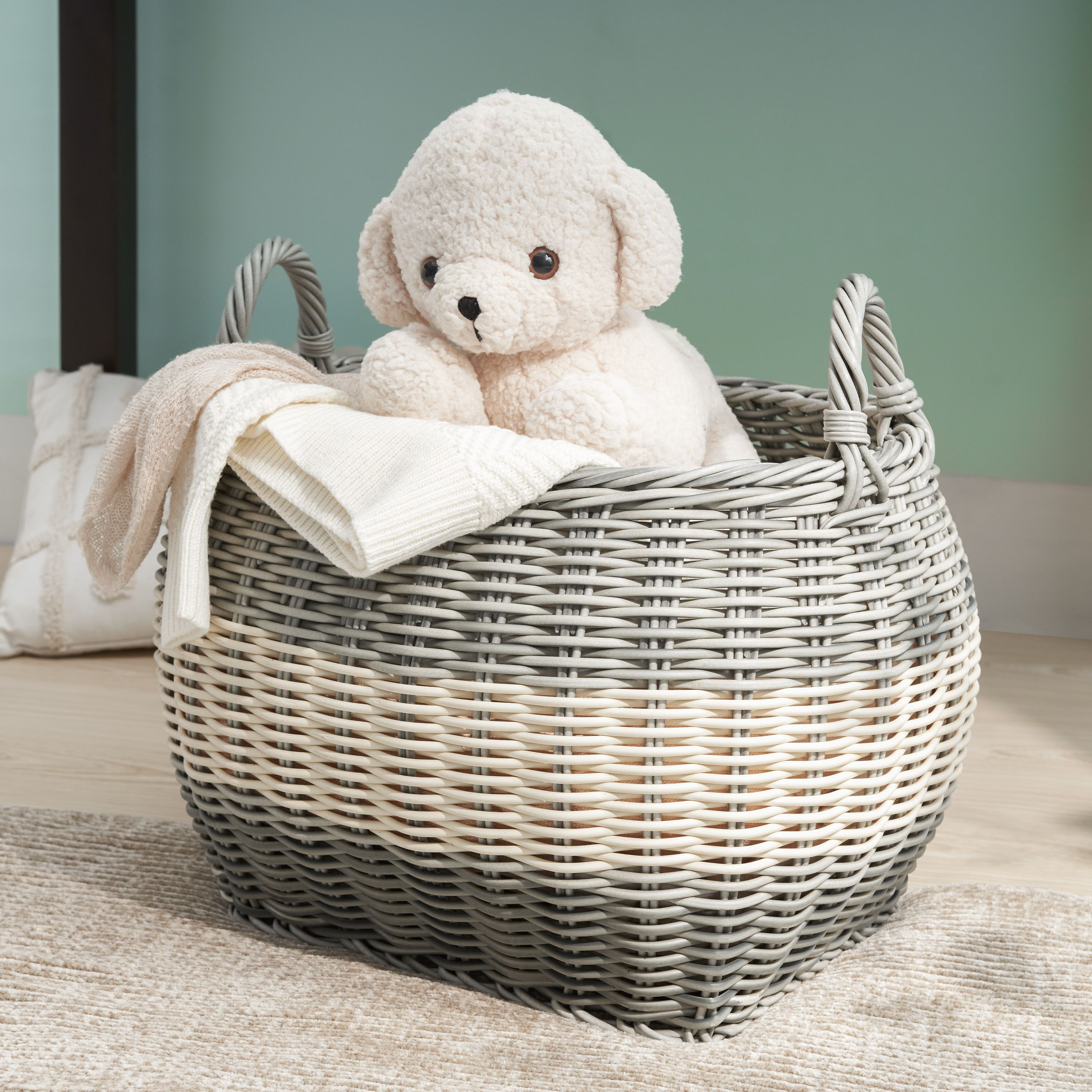 Zita Oval Resin Woven Wicker Multi-Use Storage Basket with Handles - 18 x 15 x 15 - White-Gray - For Towel, Toys, Magazines Storage and Home Decoration