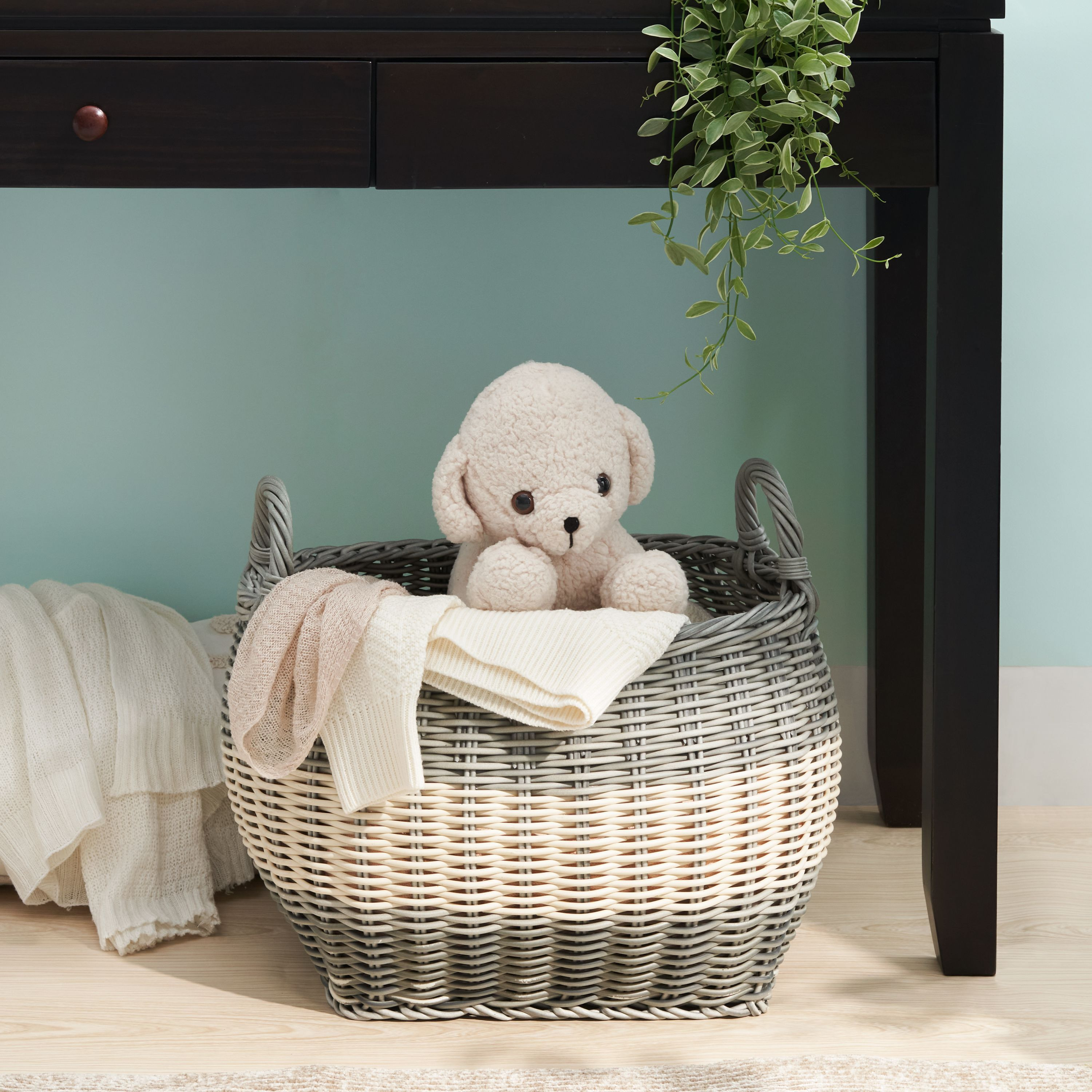 Zita Oval Resin Woven Wicker Multi-Use Storage Basket with Handles - 18 x 15 x 15 - White-Gray - For Towel, Toys, Magazines Storage and Home Decoration