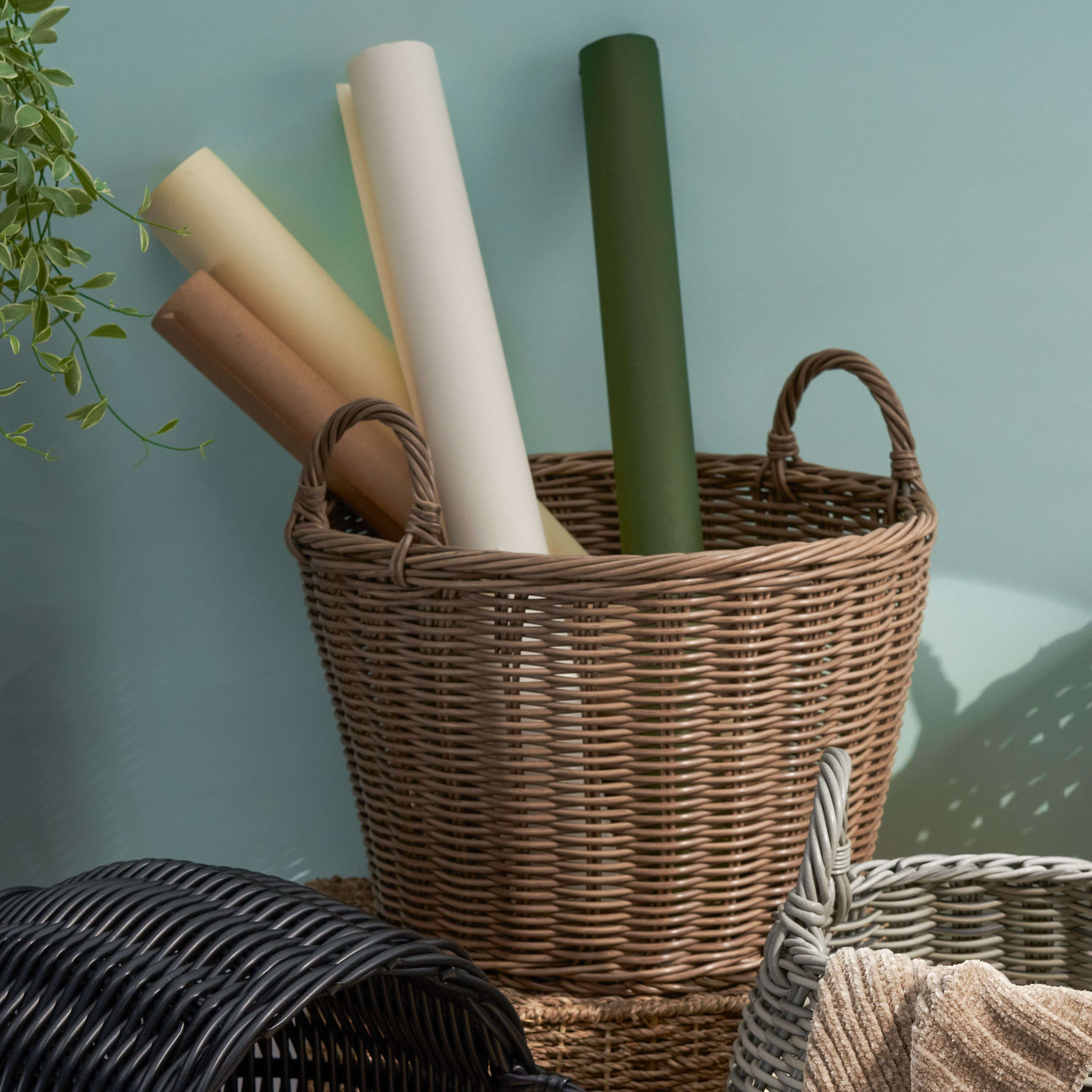 Joseph Round Cone Woven Resin Wicker Basket with Handles - 16 x 16 x 14.5 - Chocolate Brown - For Clothes, Towels, Canvas, Toys, Magazine Storage and Home Decoration