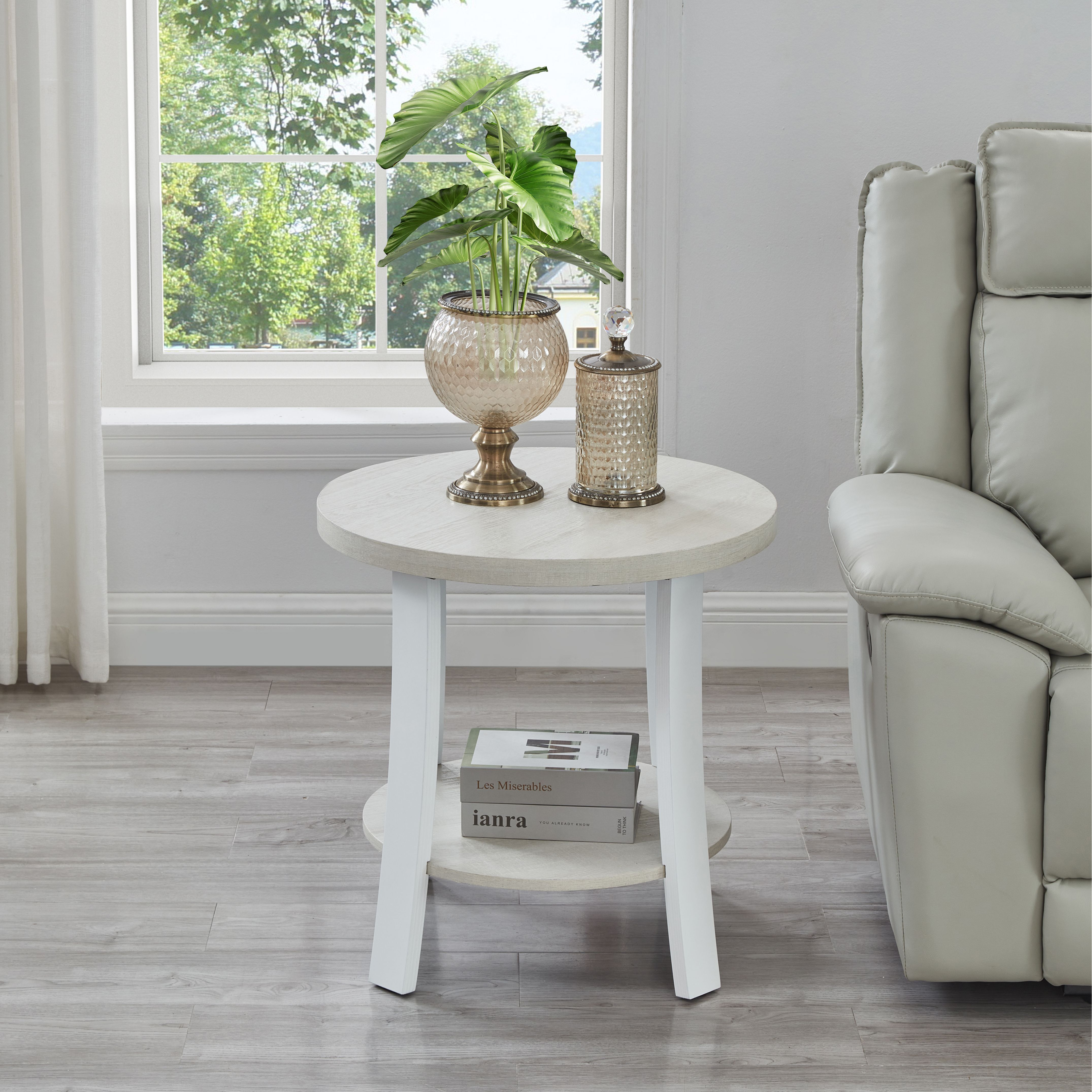Anze Contemporary Round Wood Shelf End Table in White Finish