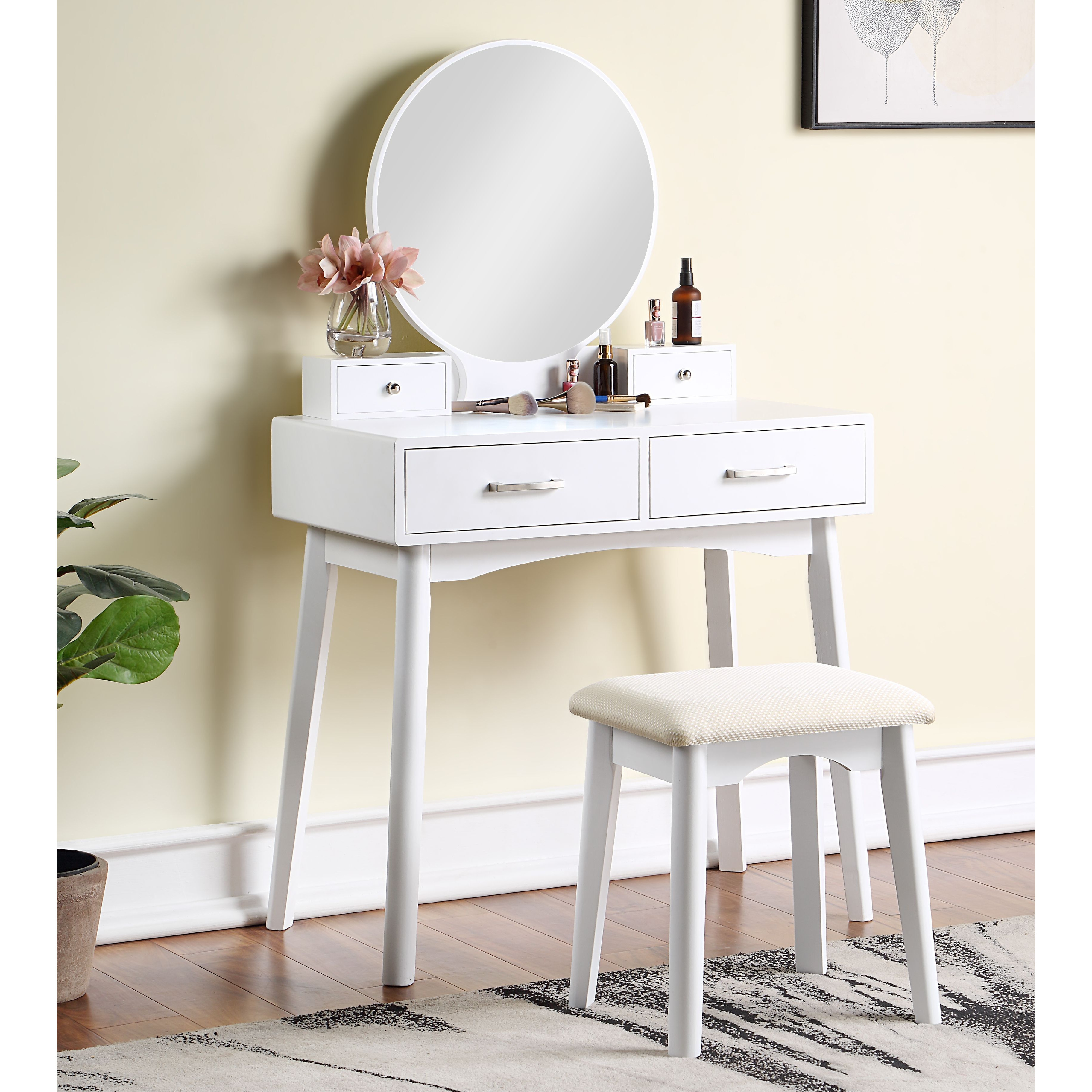 Liannon Contemporary Wood Vanity and Stool Set, White